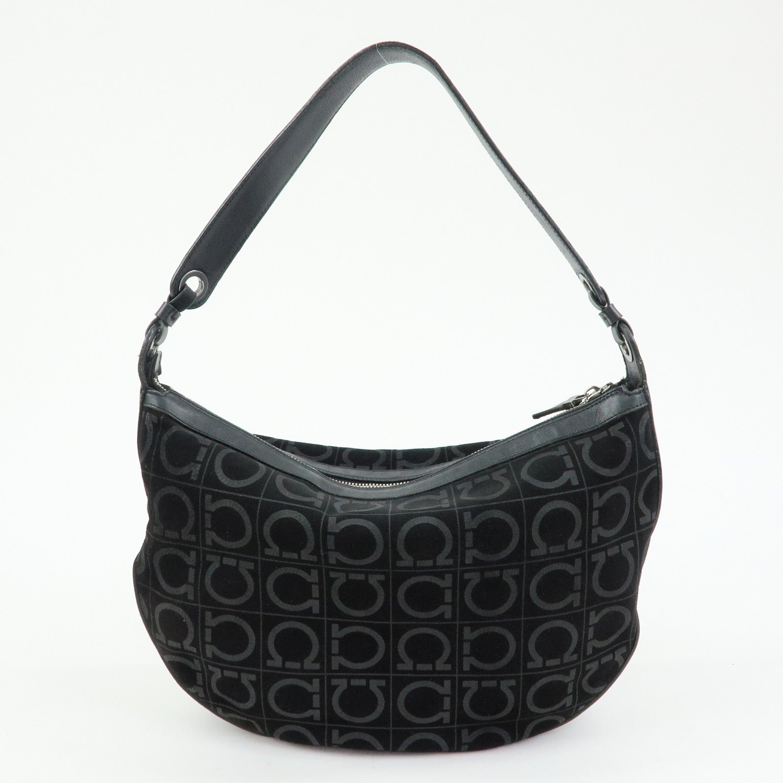 Ferragamo Gancini Suede Leather Shoulder Bag Tote Bag Black