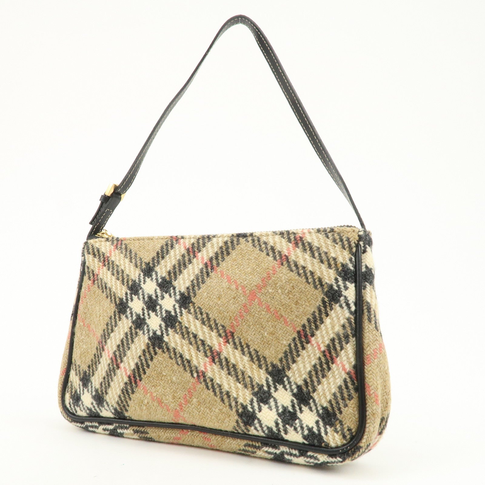 BURBERRY Nova Plaid Wool Leather Shoulder Bag Hand Bag Beige Black