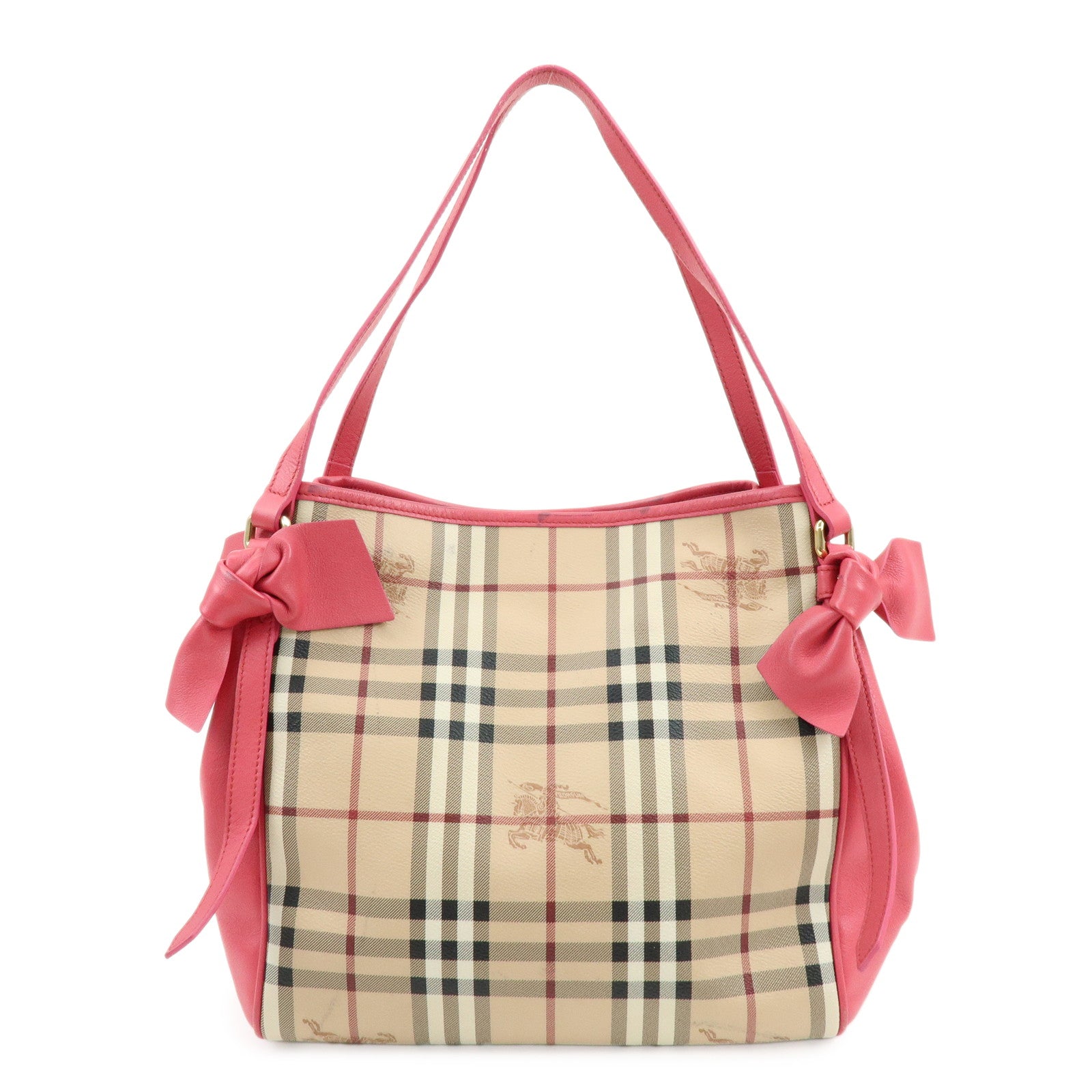 BURBERRY Side Ribbon PVC Leather Hand Bag Nova Plaid Brown Pink