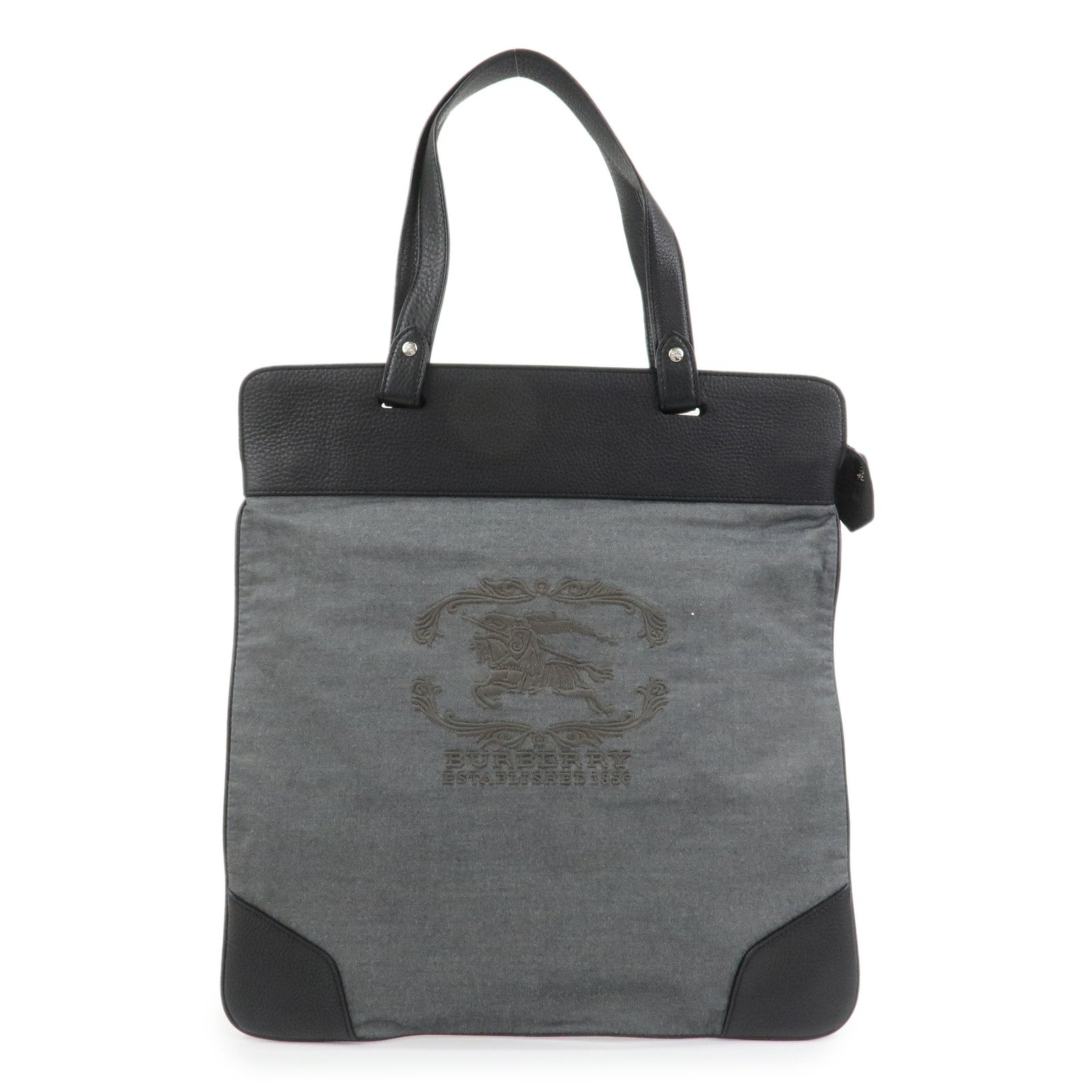BURBERRY Logo Leather Canvas Tote Bag Black Grey