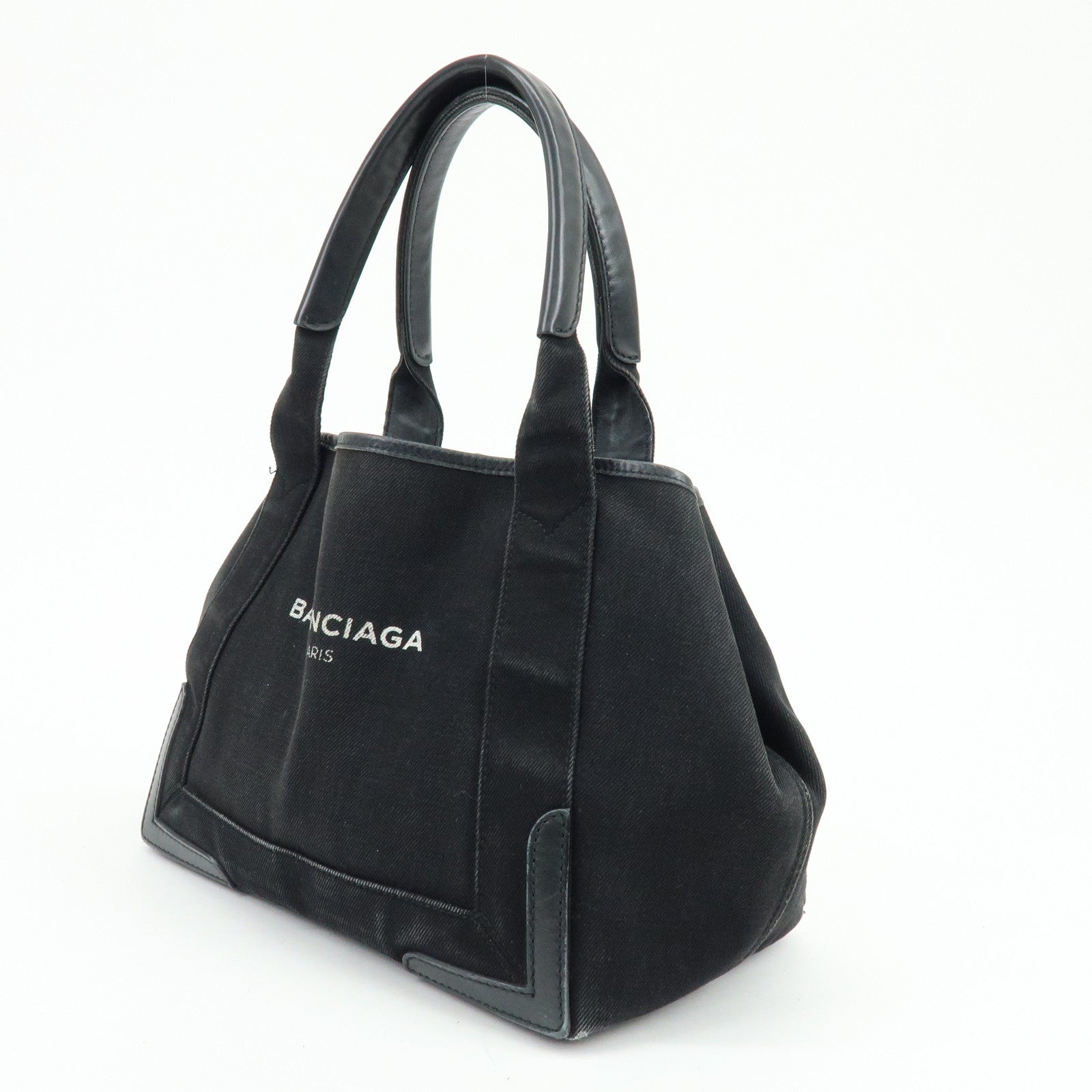 BALENCIAGA Navy Cabas Small Canvas Leather Tote Bag Black 339933