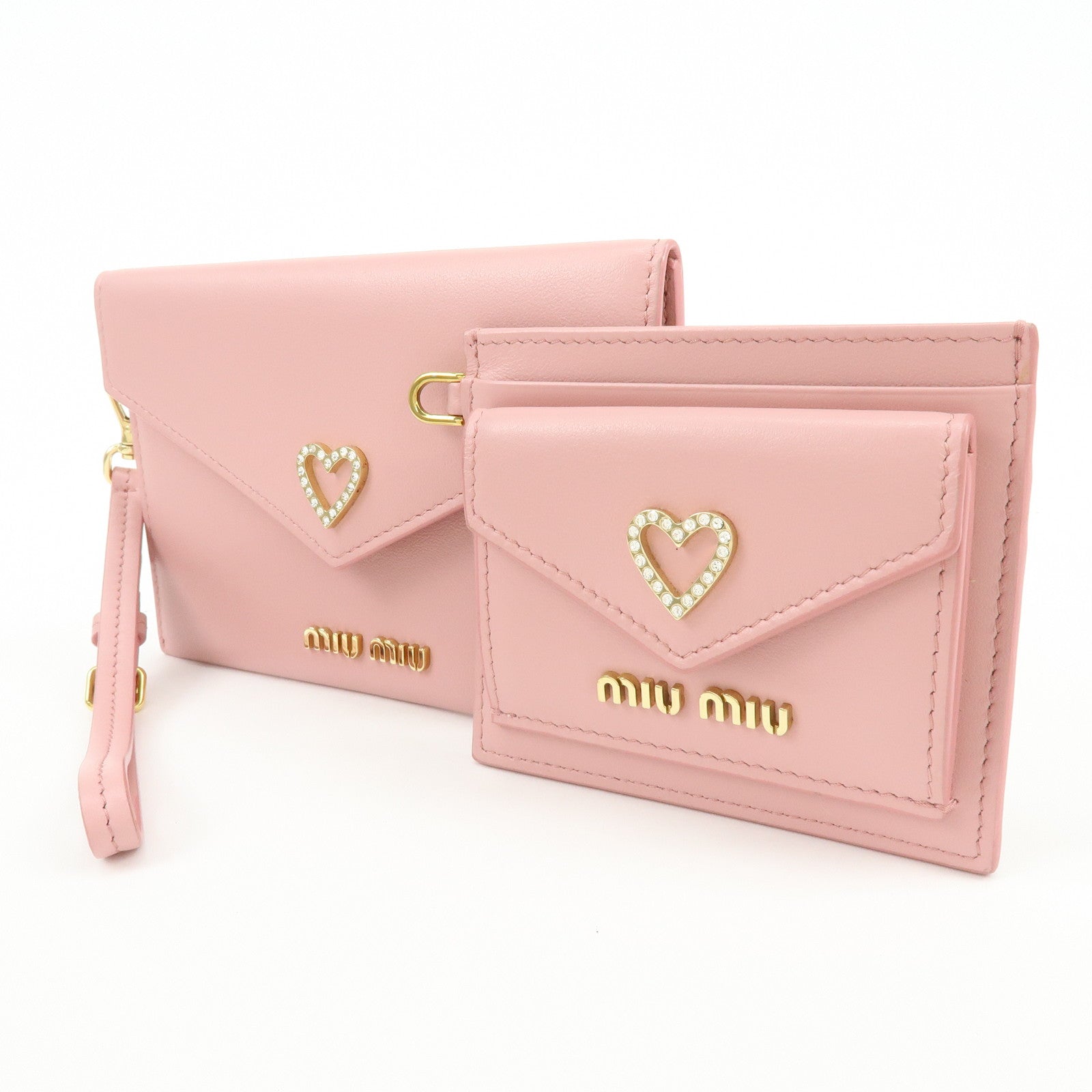 MIU MIU Madras Leather Rhinestone Card Case Heart Love letter Pink