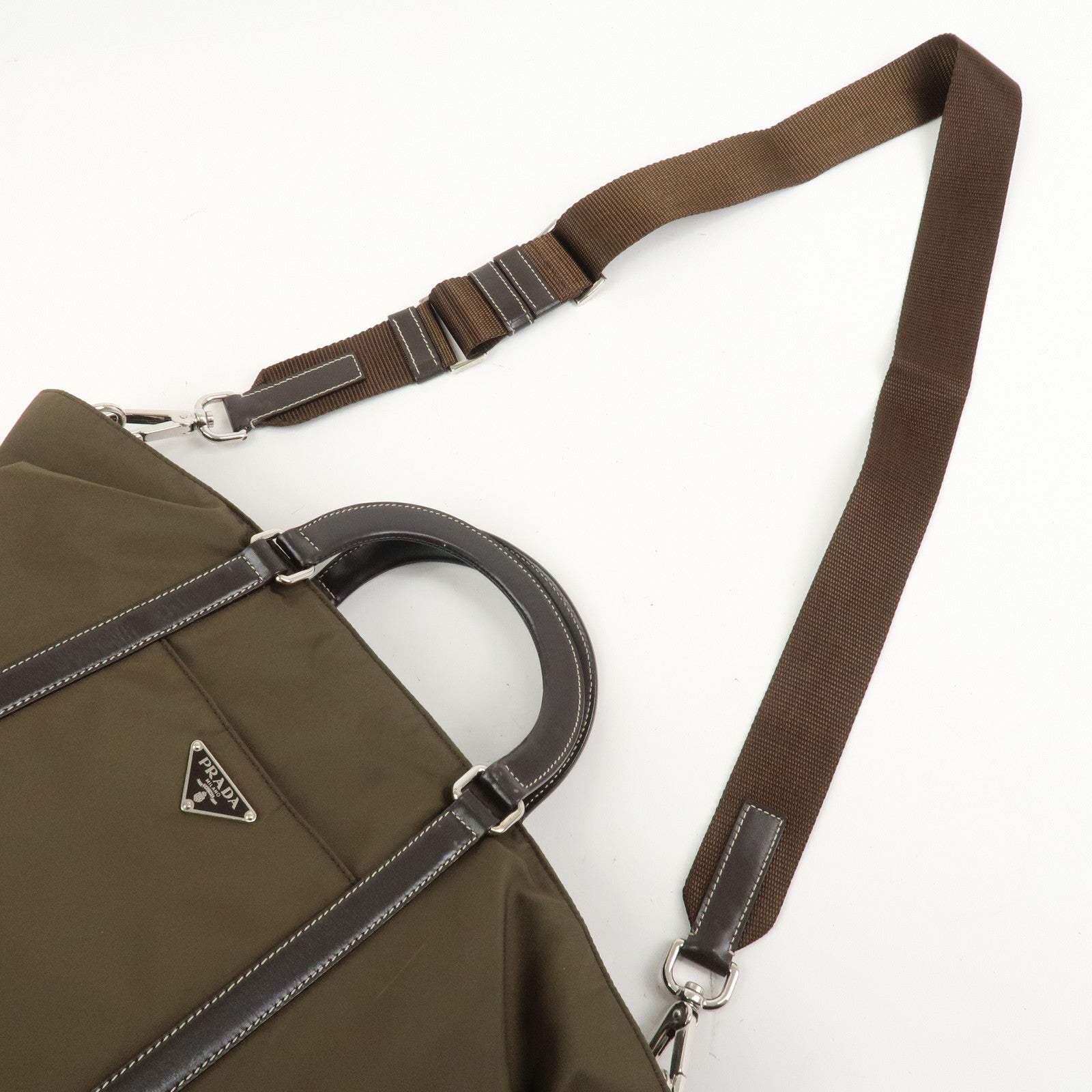 PRADA Triangle Logo Nylon Leather 2Way Hand Bag Shoulder Bag Khaki