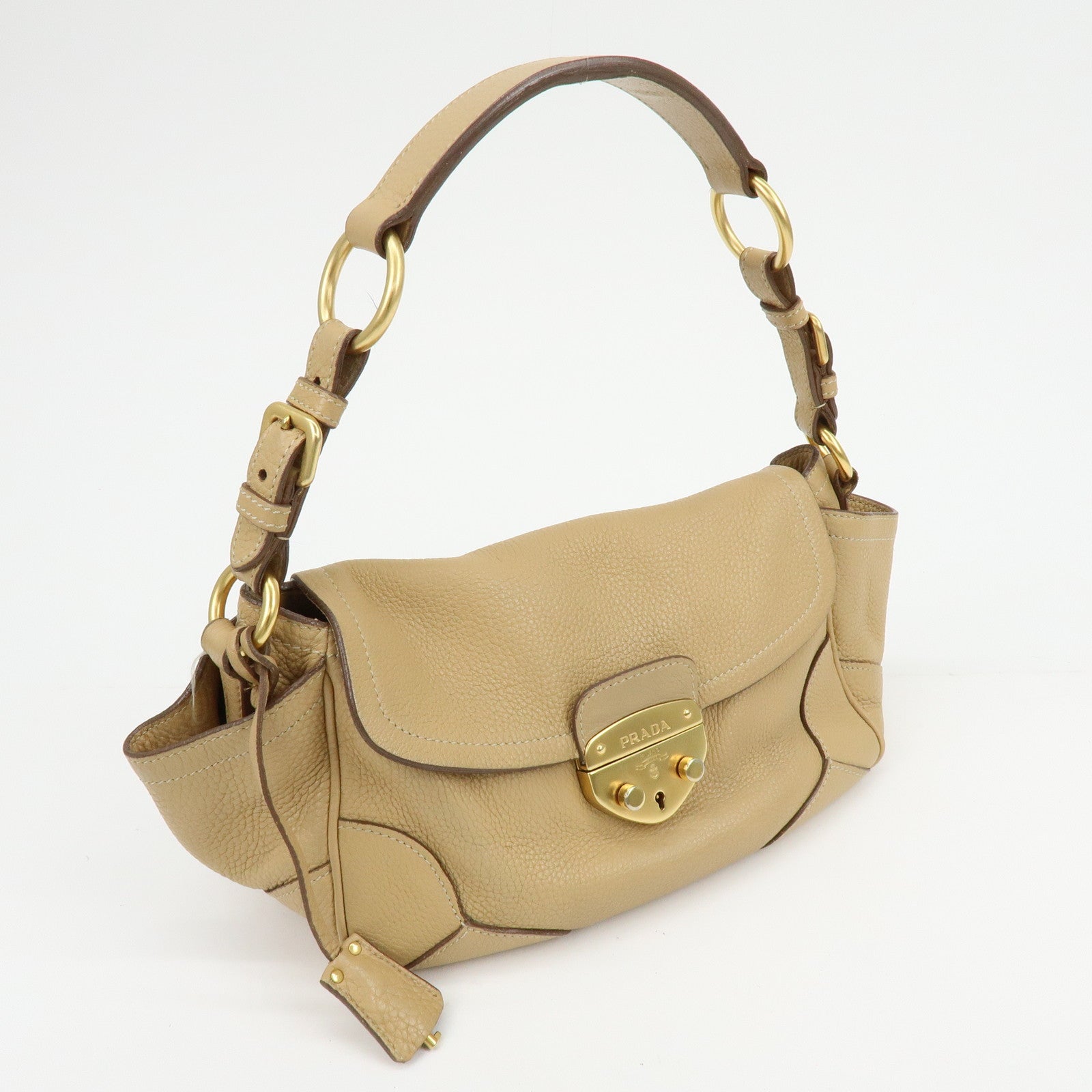 PRADA Logo Leather Shoulder Bag Hand Bag Light Brown BR3869