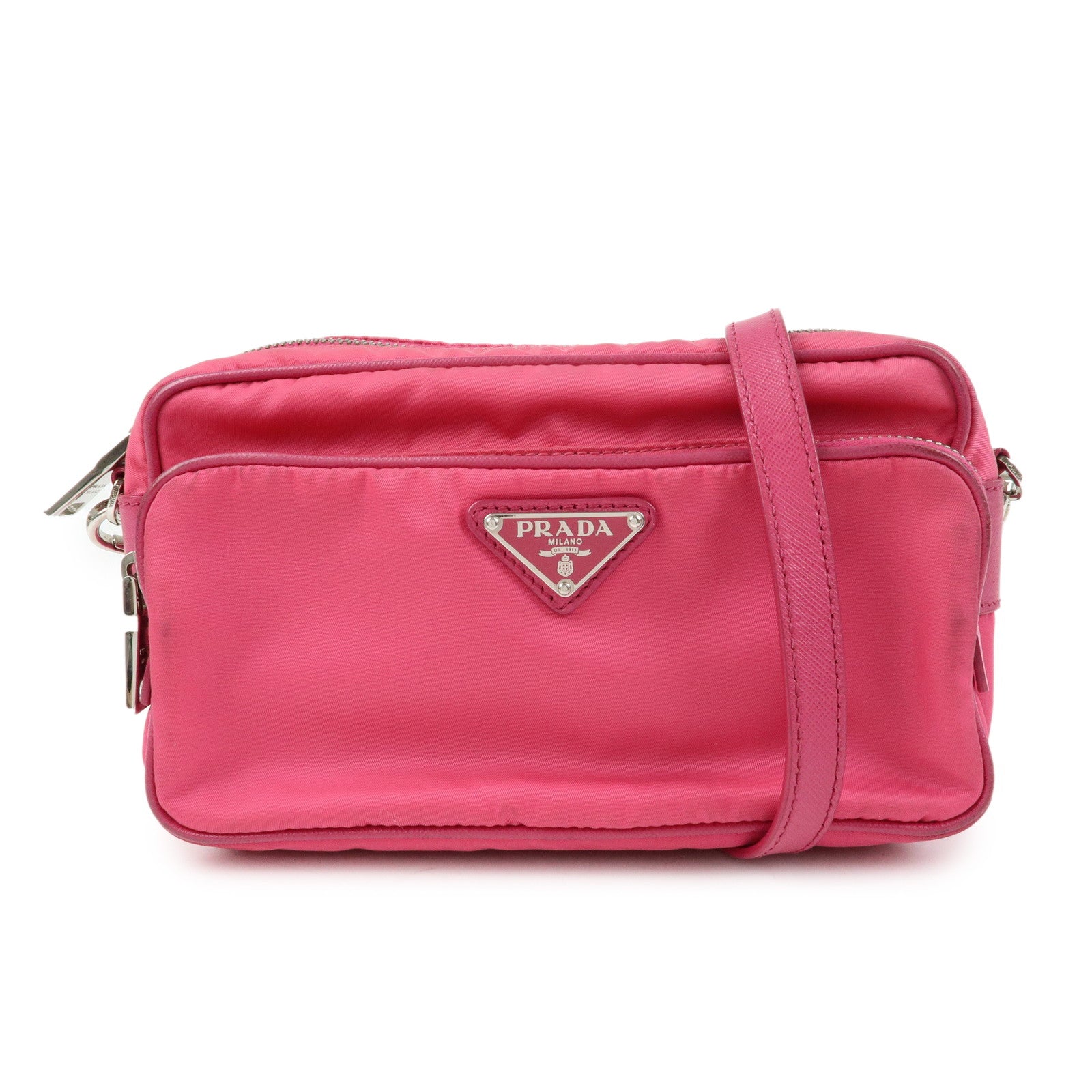 PRADA Triangle Logo Nylon Leather Shoulder Bag Pink BT1010