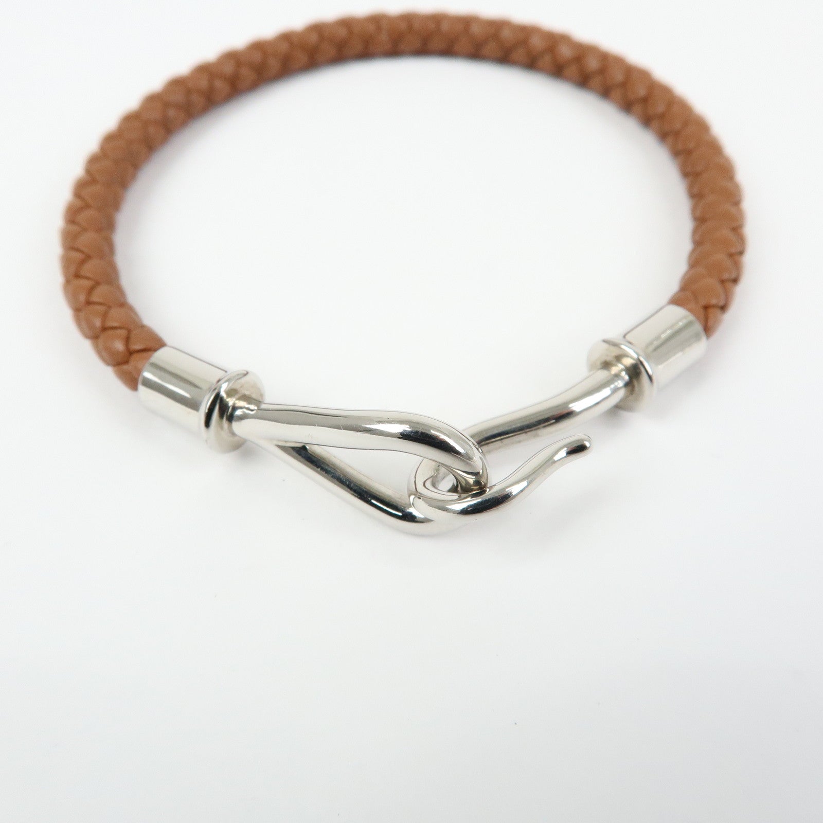 HERMES Jumbo Choker Leather Metal Bracelet Brown Silver