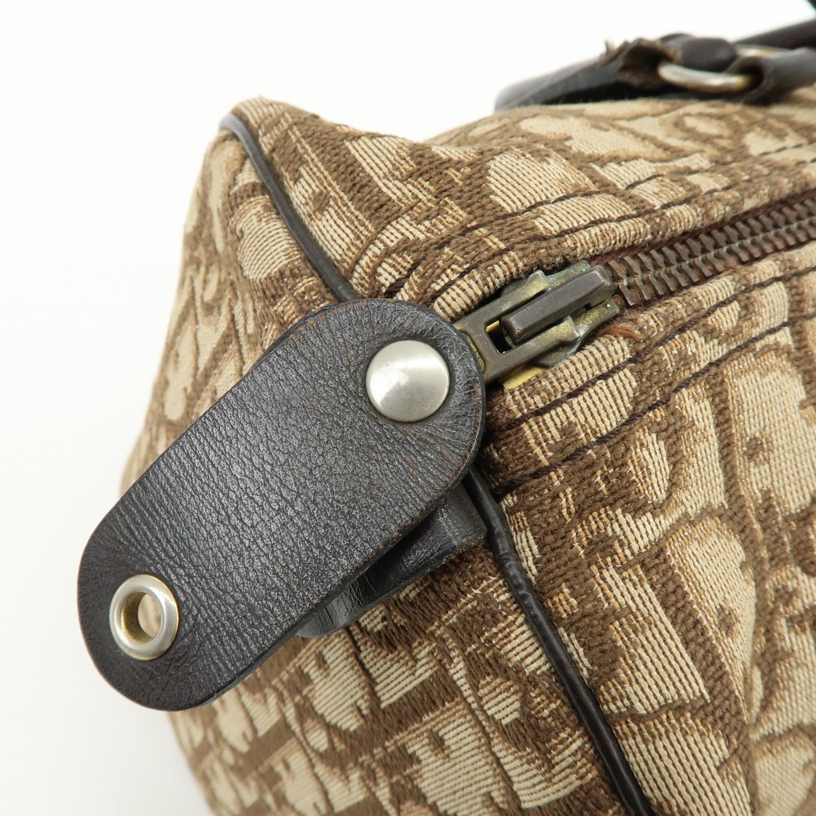 Christian Dior Trotter Jacquard Canvas Leather Boston Bag Brown