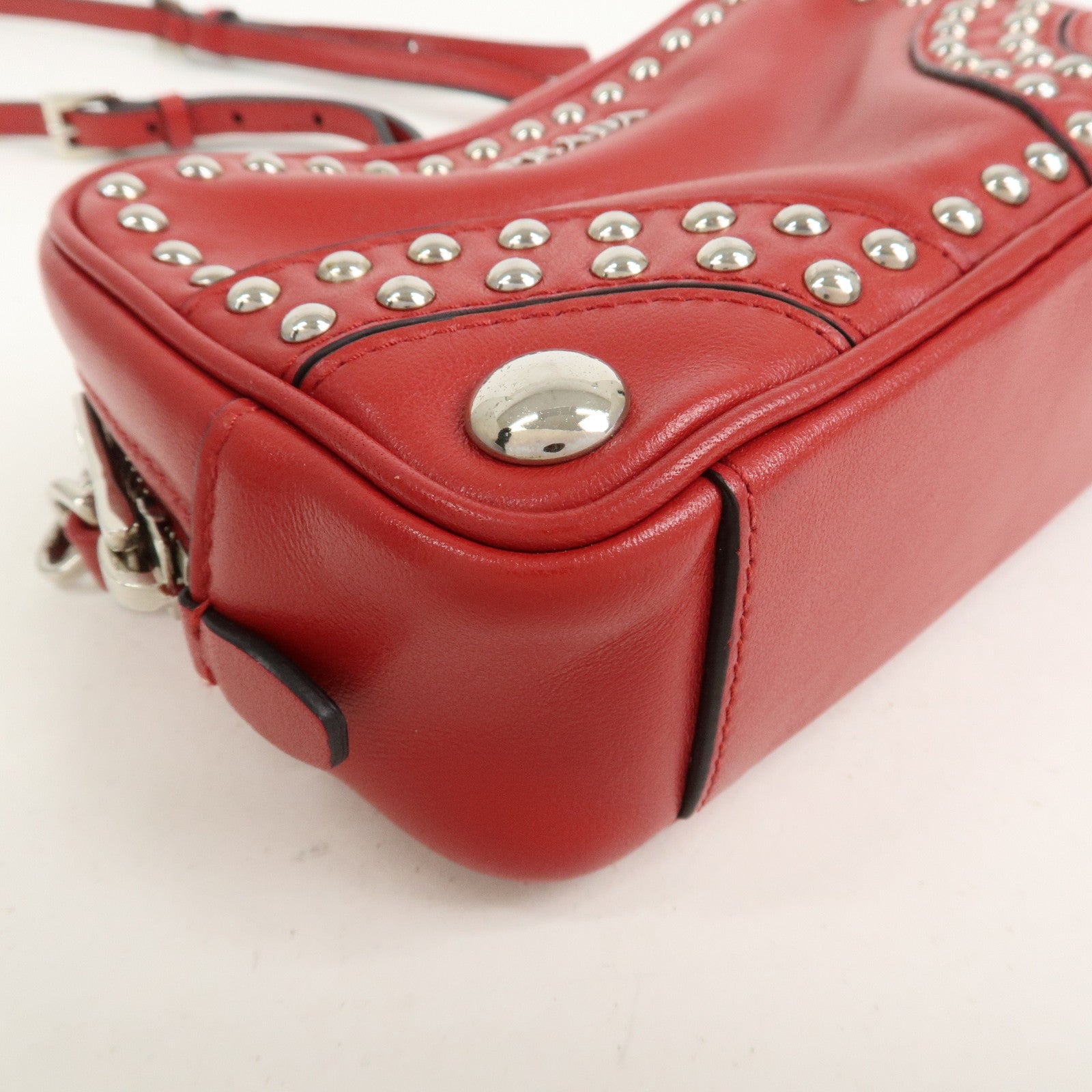 PRADA Logo Leather Mini Shoulder Bag Camera Bag Studs Red 1N1674