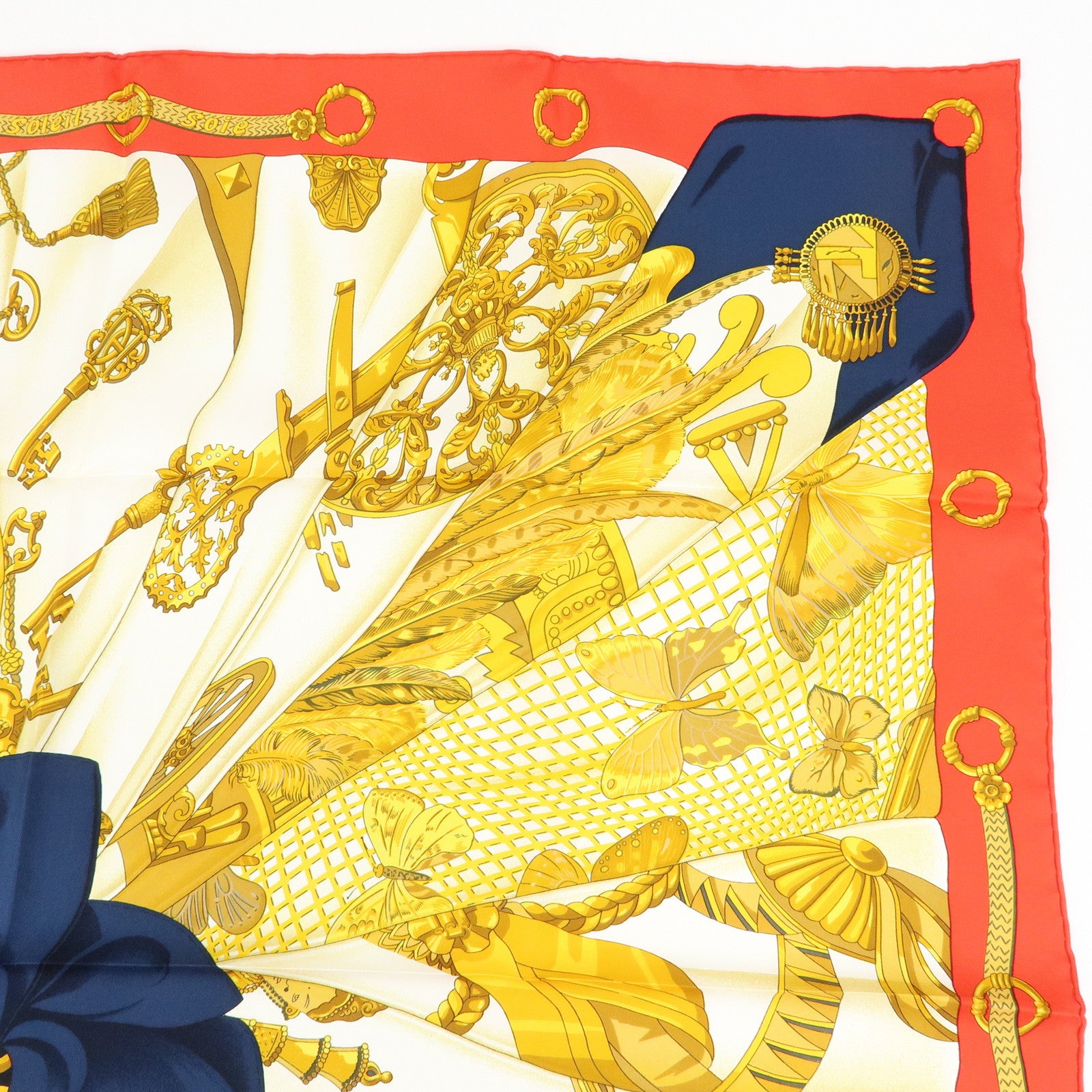 HERMES Carre 90 Silk 100% Soleil de Soie Scarf Gold Navy Red