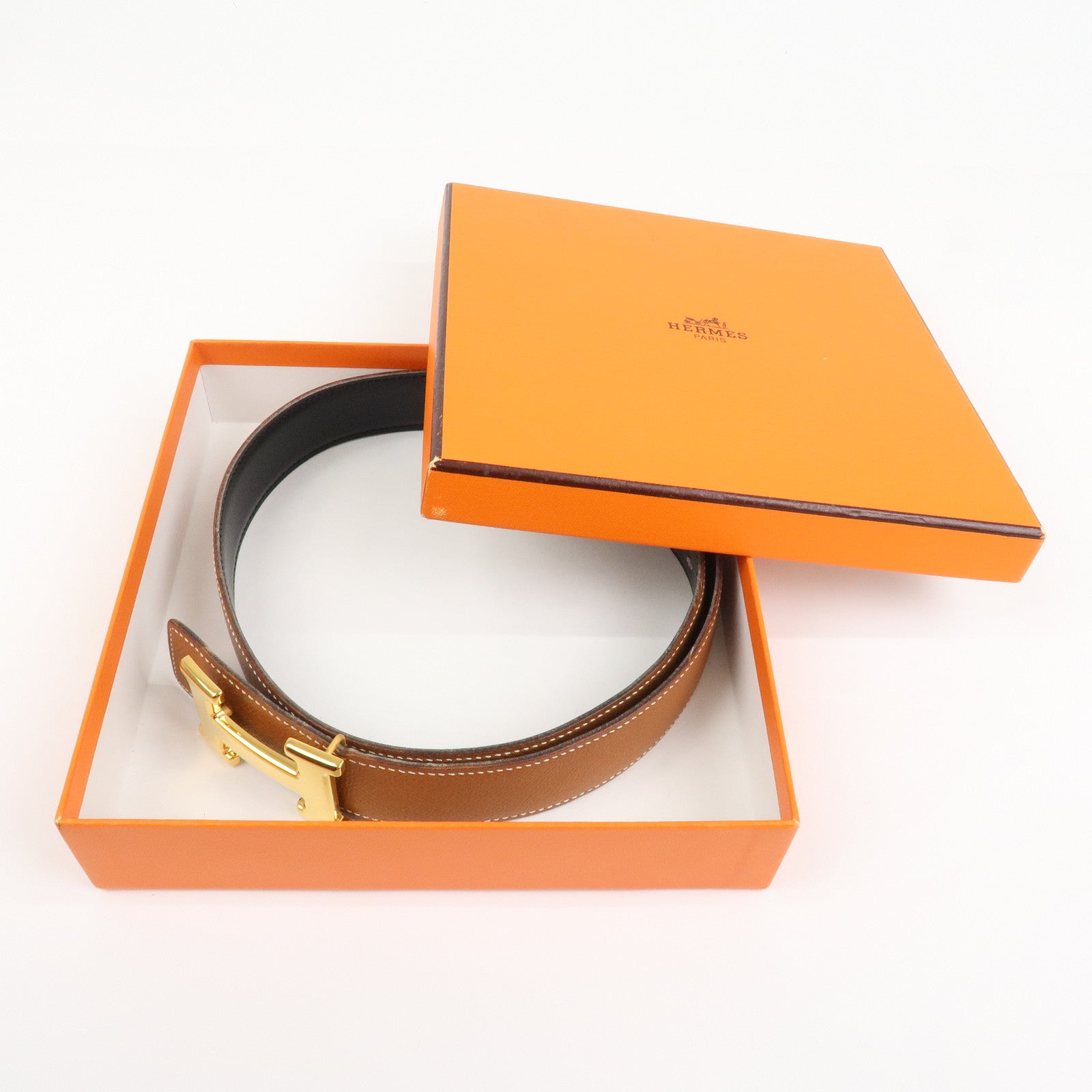 HERMES Leather H Buckle Constance Belt Reversible Black