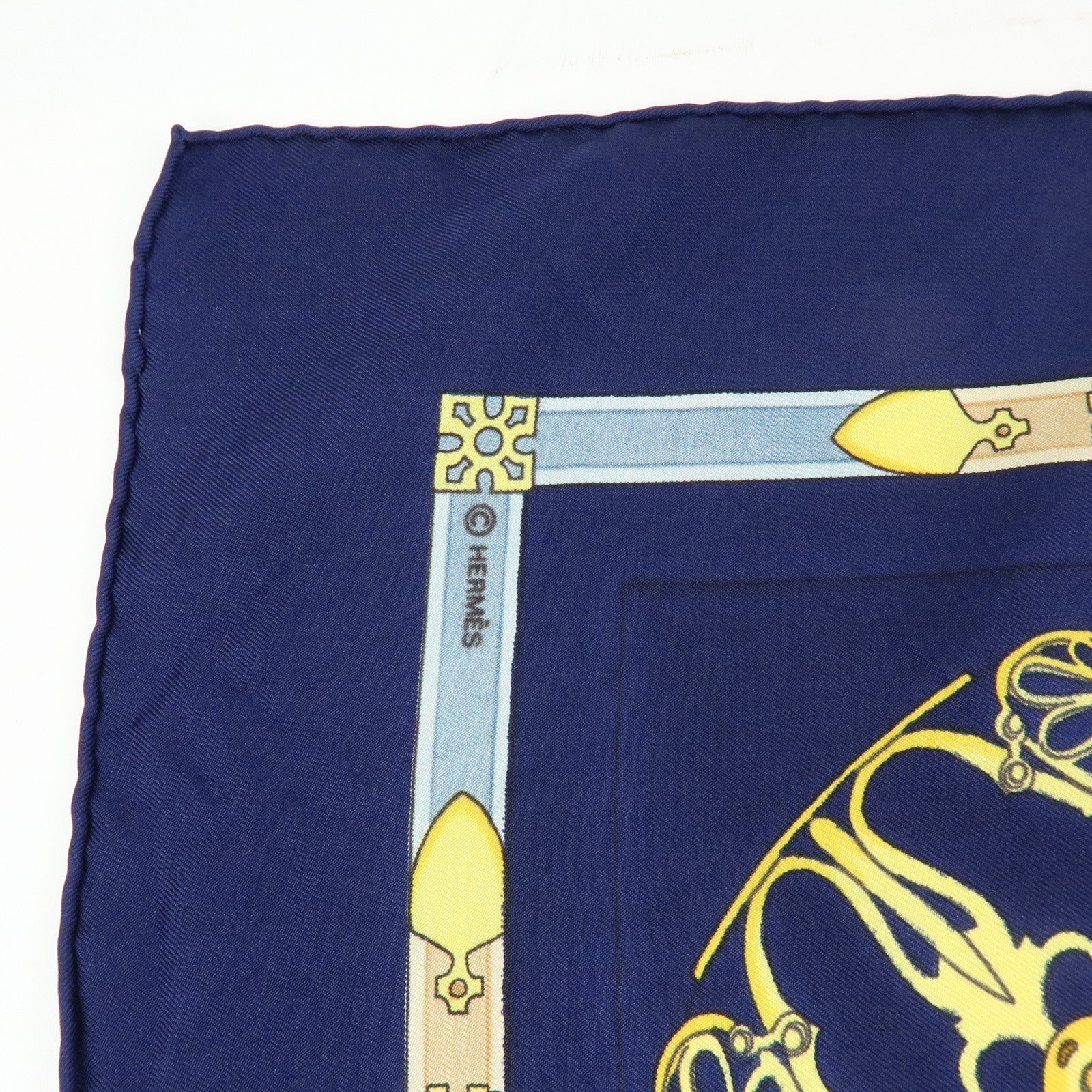 HERMES Carre 90 Silk 100% Scarf LES MUSEROLLES Navy Yellow
