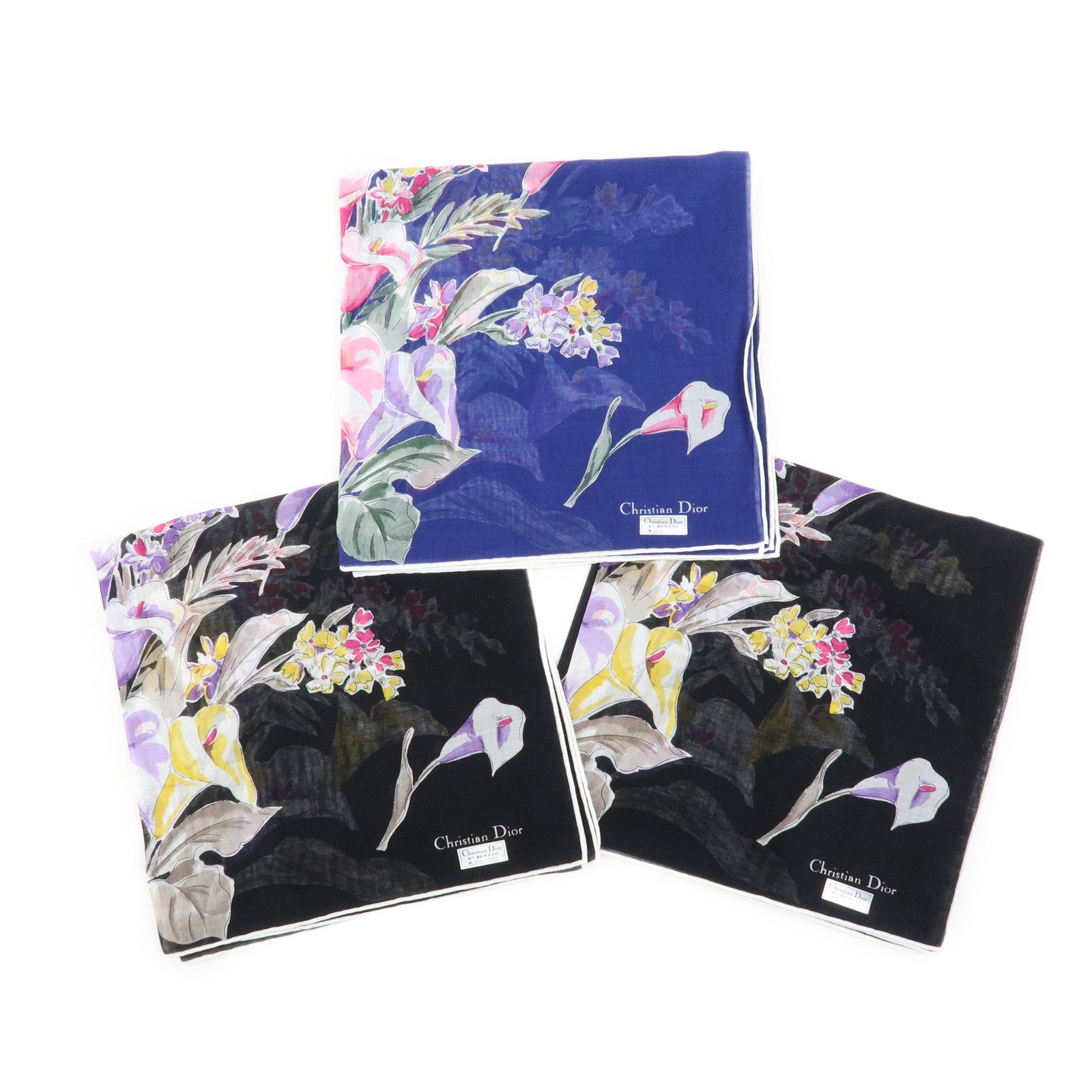 Christian Dior Set of 3 Cotton 100% Scarf Flower Print Navy Black