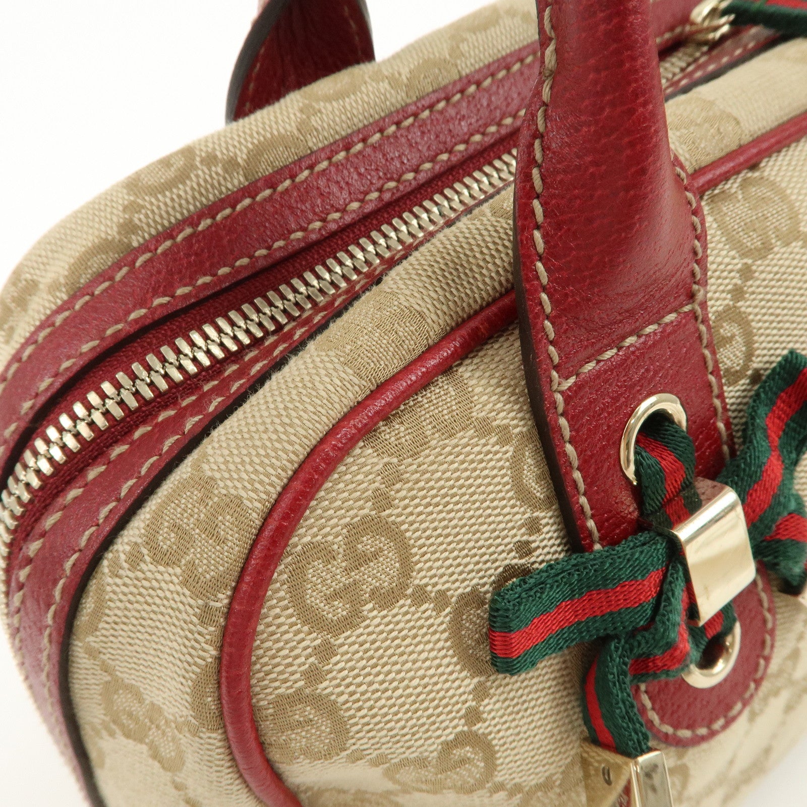 GUCCI Sherry Princy Leather GG Canvas Boston Bag Beige Red 161720
