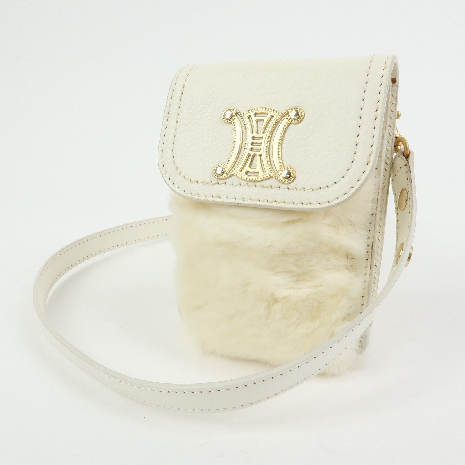CELINE Triomphe Leather Lapin Fur Shoulder Bag Crossbody Bag Ivory