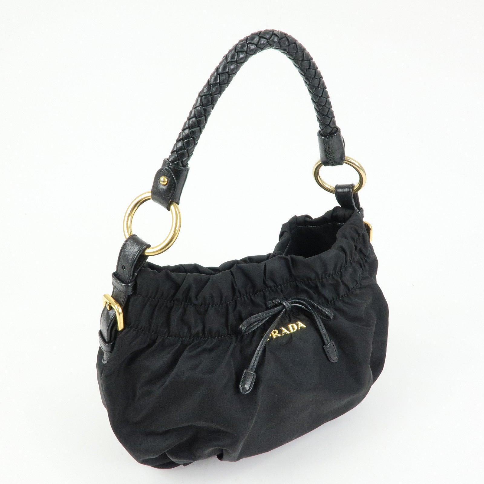 PRADA Ribbon Nylon Leather Shoulder Bag Hand Bag Black BR4237