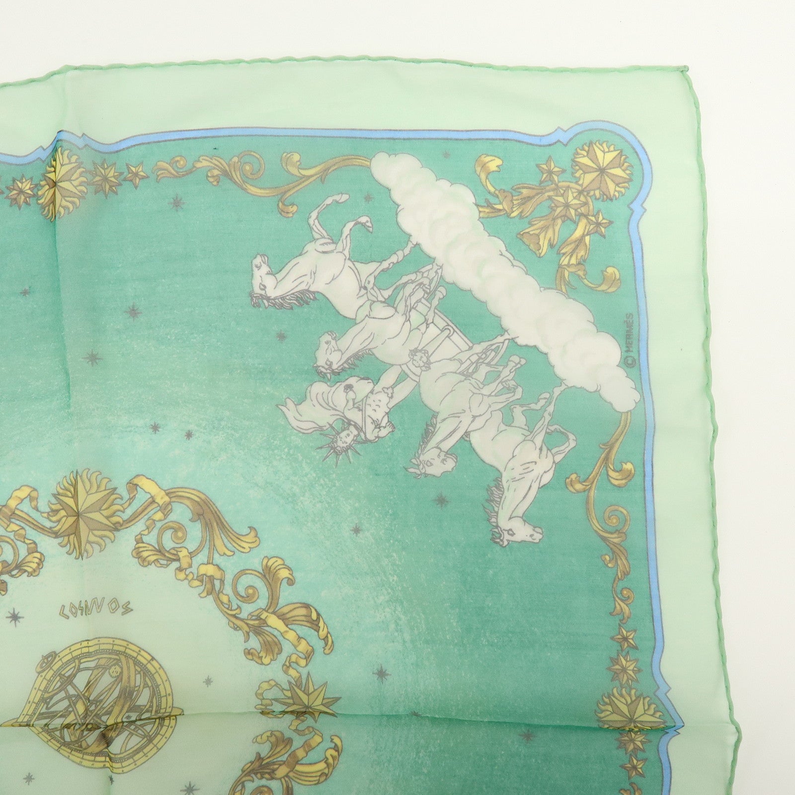 HERMES Carre 40 Silk Scarf COSMOS Horse-drawn Carriage Motif Green