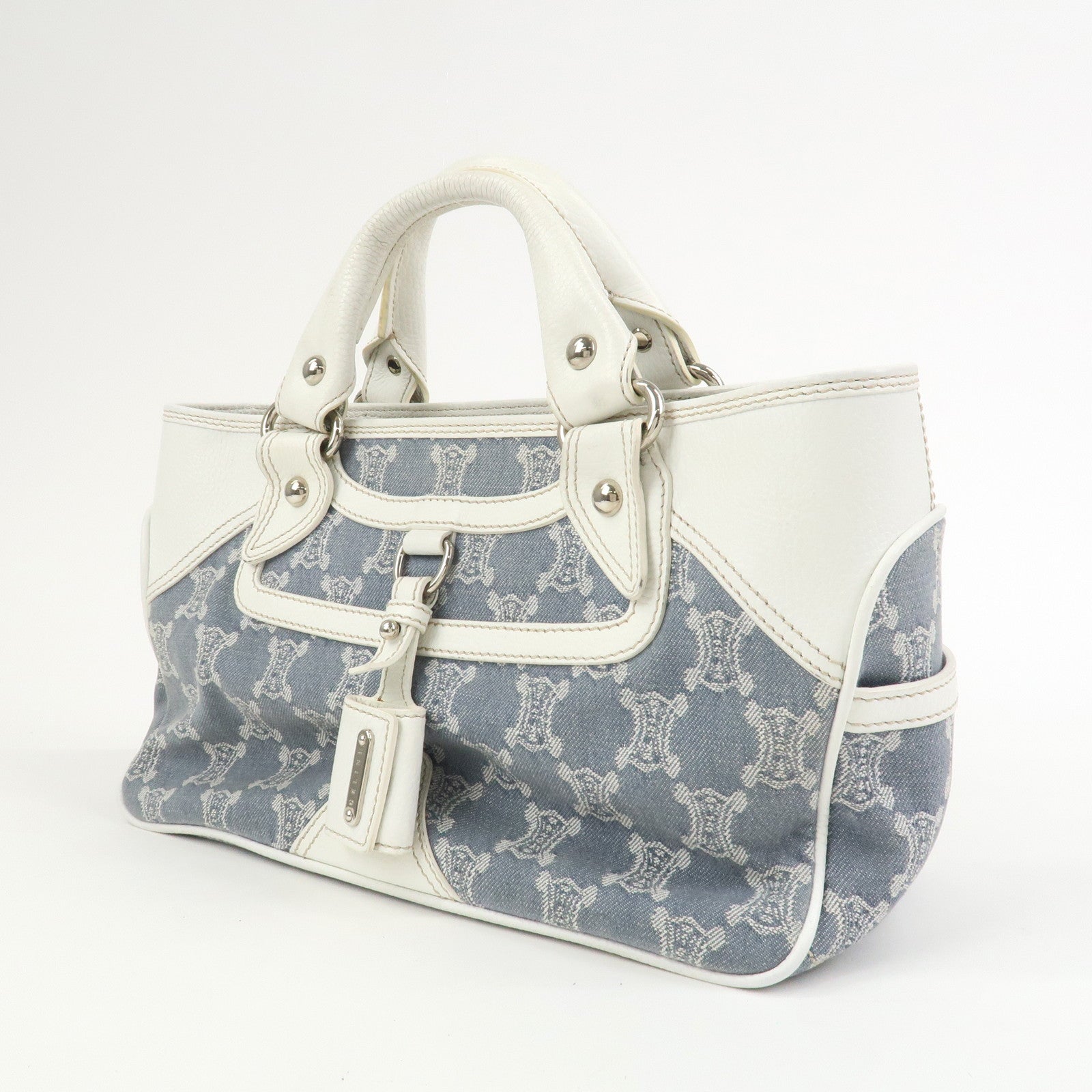 CELINE Macadam Canvas Leather Boogie Bag Hand Bag Light Blue White