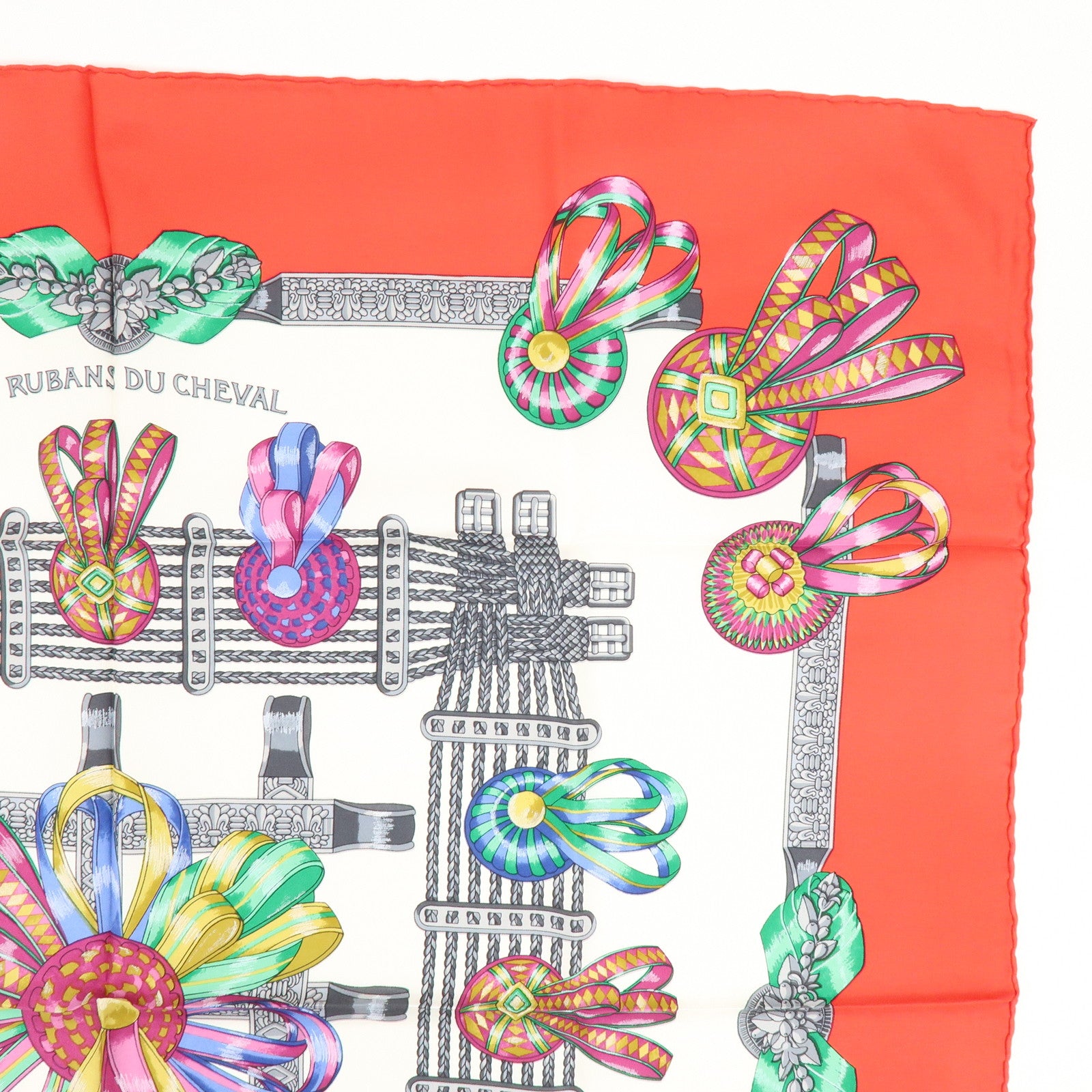 HERMES Carre 90 Silk 100% LES RUBANS DU CHEVAL Scarf White Red