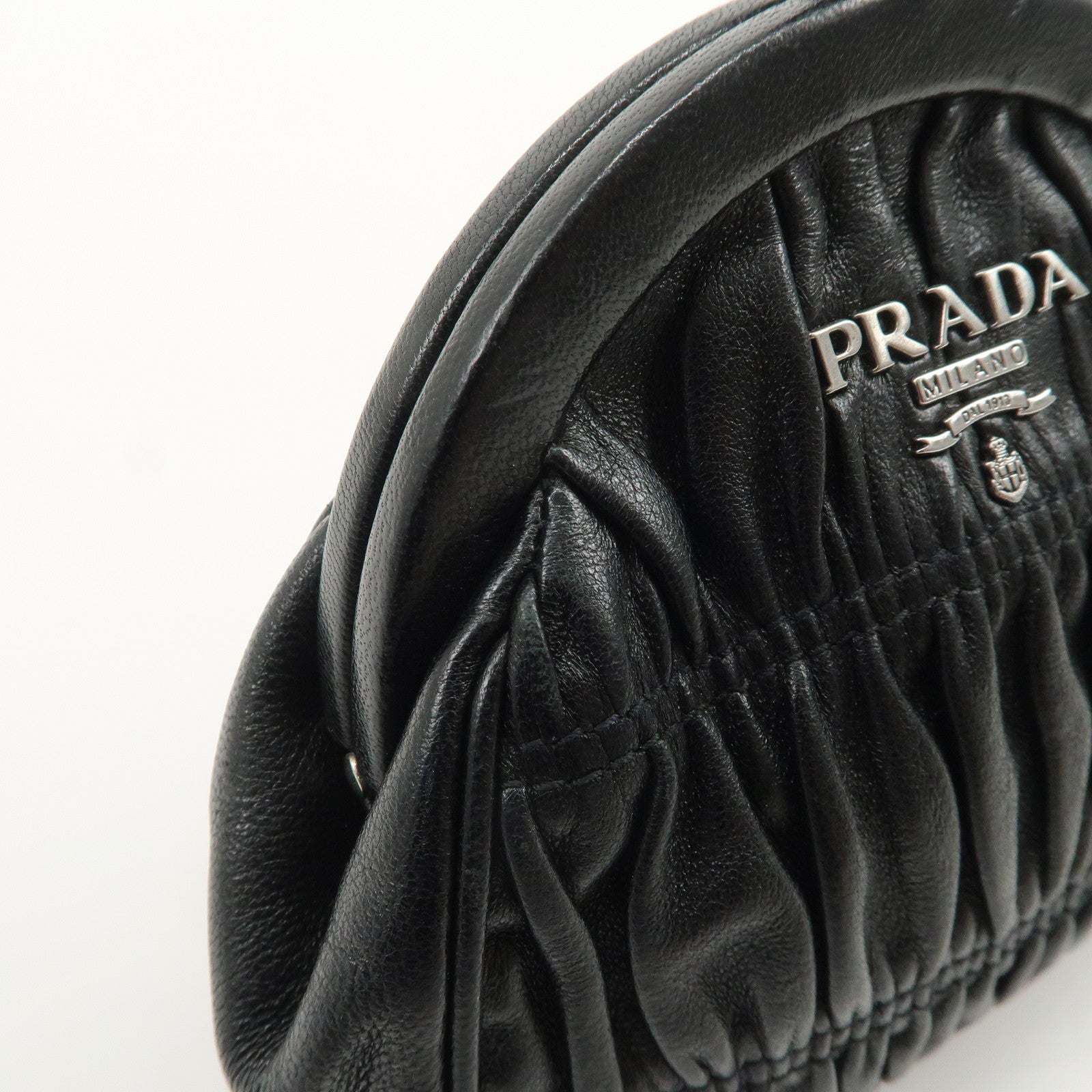 PRADA Logo Gathered Leather Pouch Compact Wallet Coin Case Black