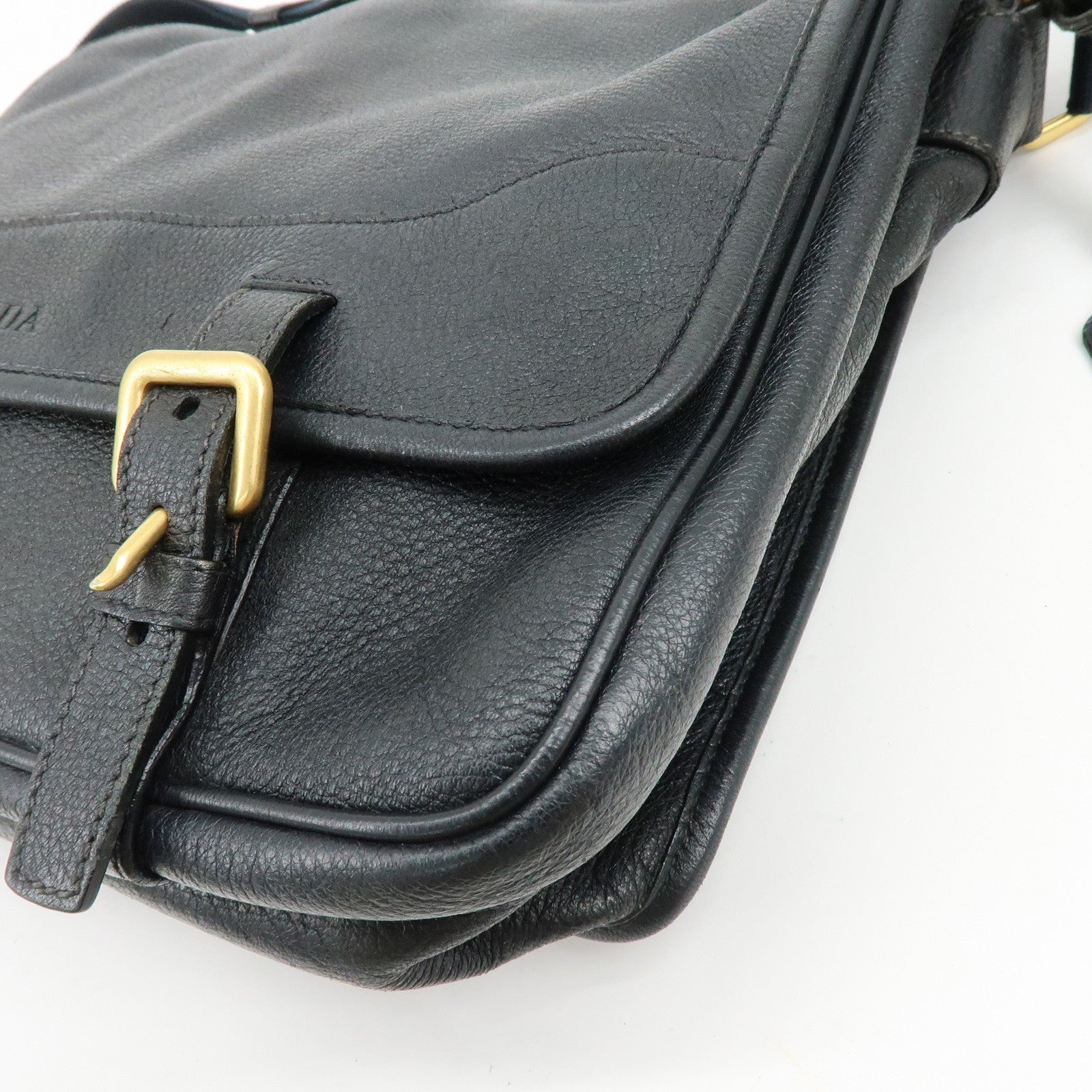 PRADA Logo Leather Shoulder Bag Crossbody Bag Black VA0638