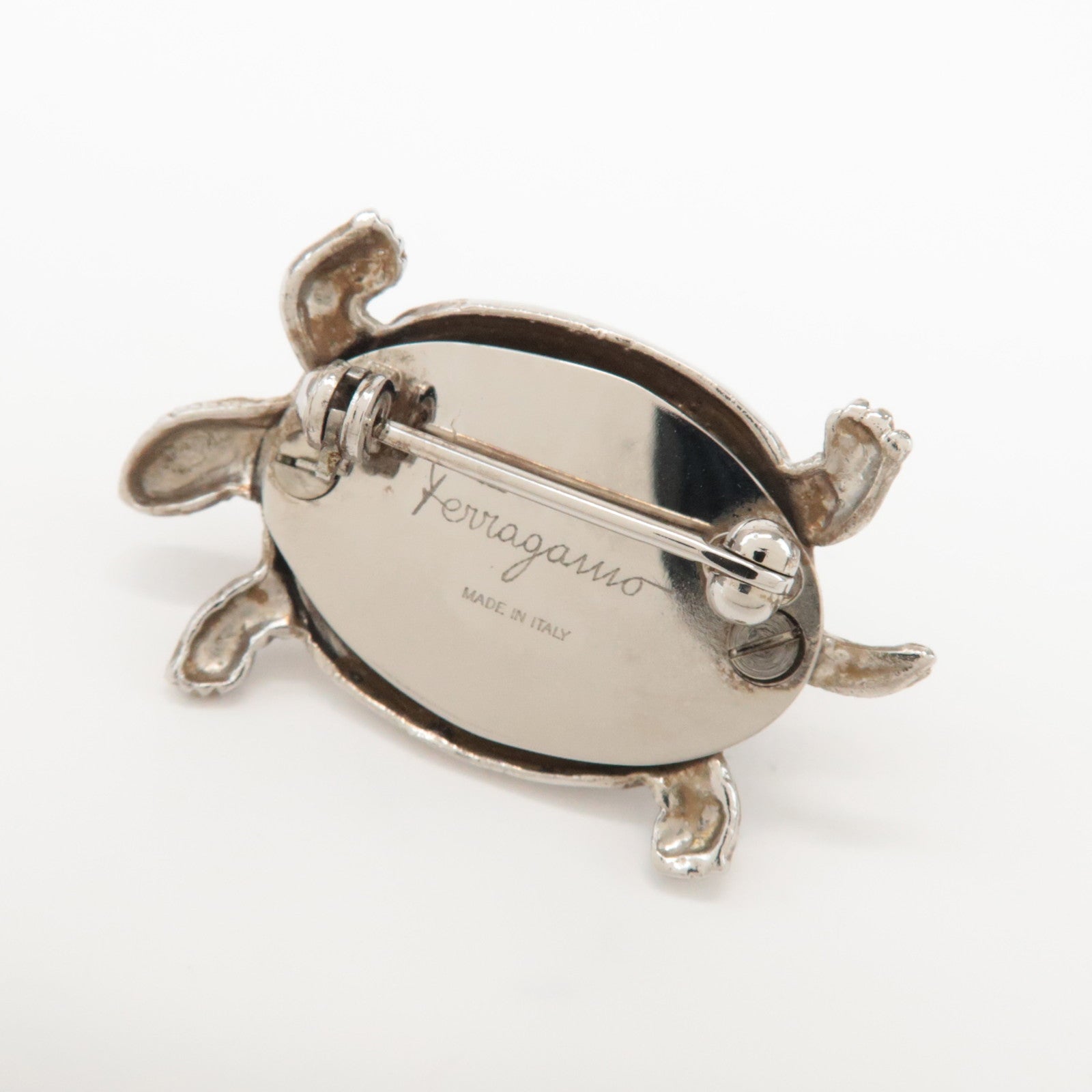 Ferragamo Metal Stone Accessory Turtle Brooch Silver Black