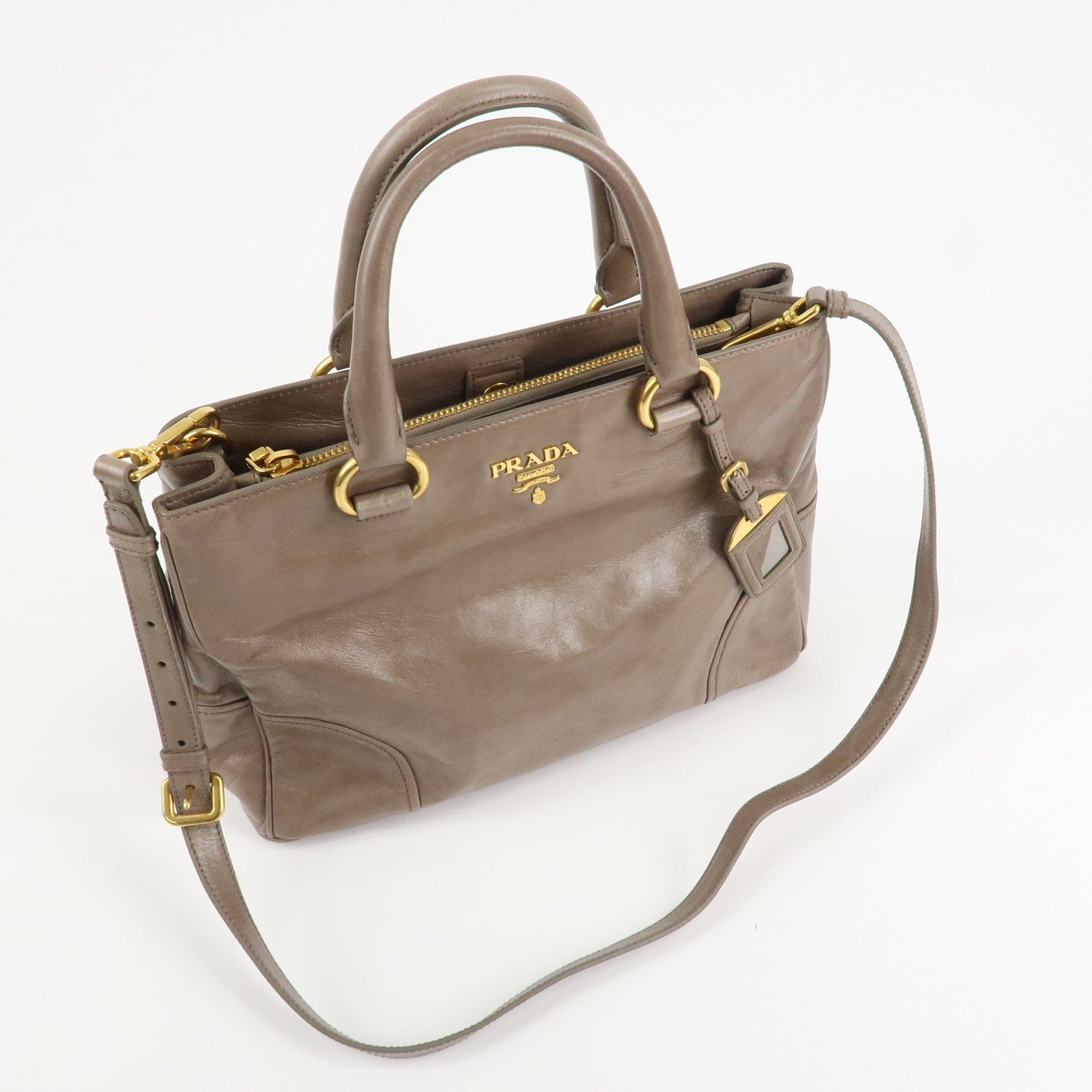 PRADA Logo Leather 2Way Bag Hand Bag Shoulder Bag Greige BN2533 Used