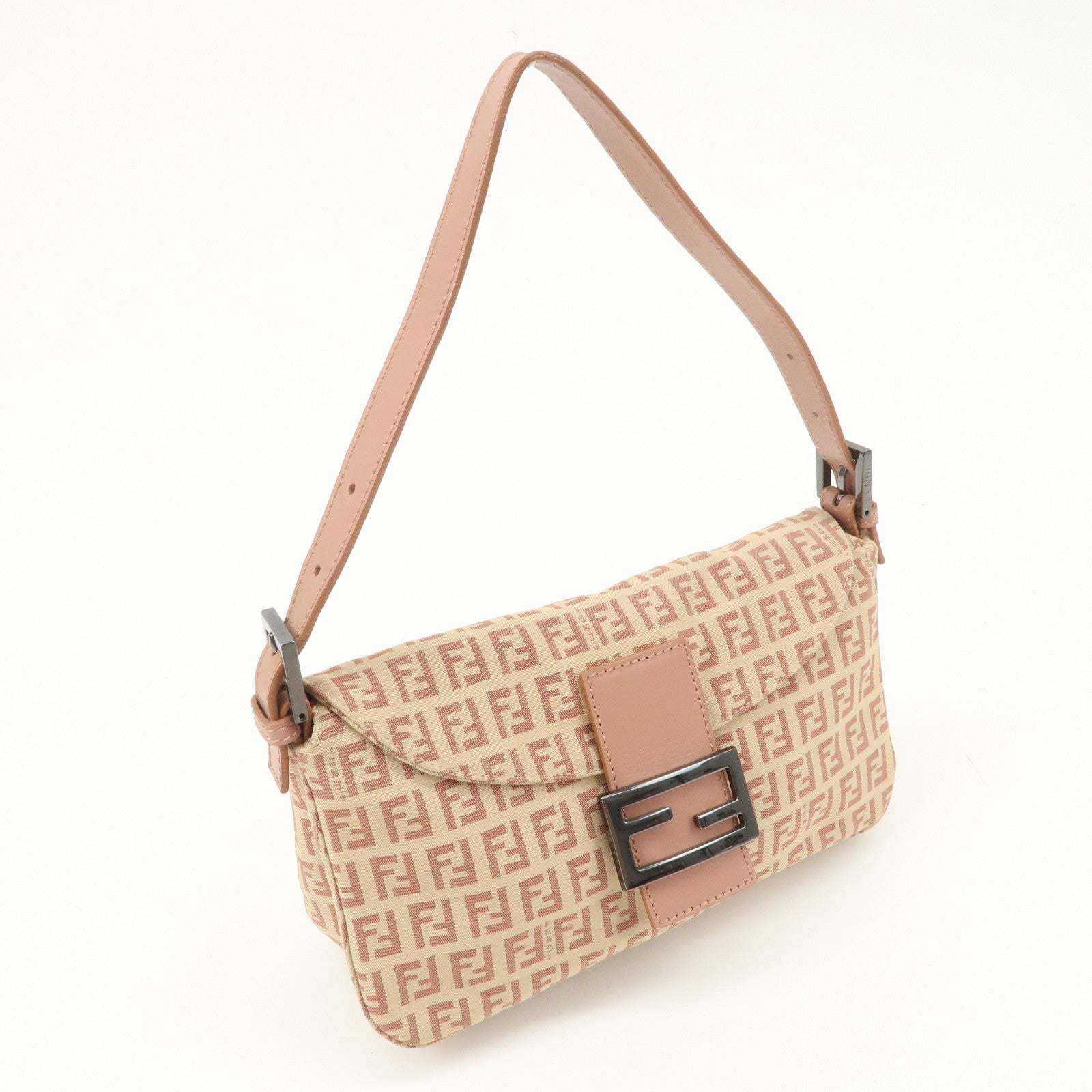 FENDI Mamma Baguette Zucchino Canvas Leather Pink Beige 8BR003 Used