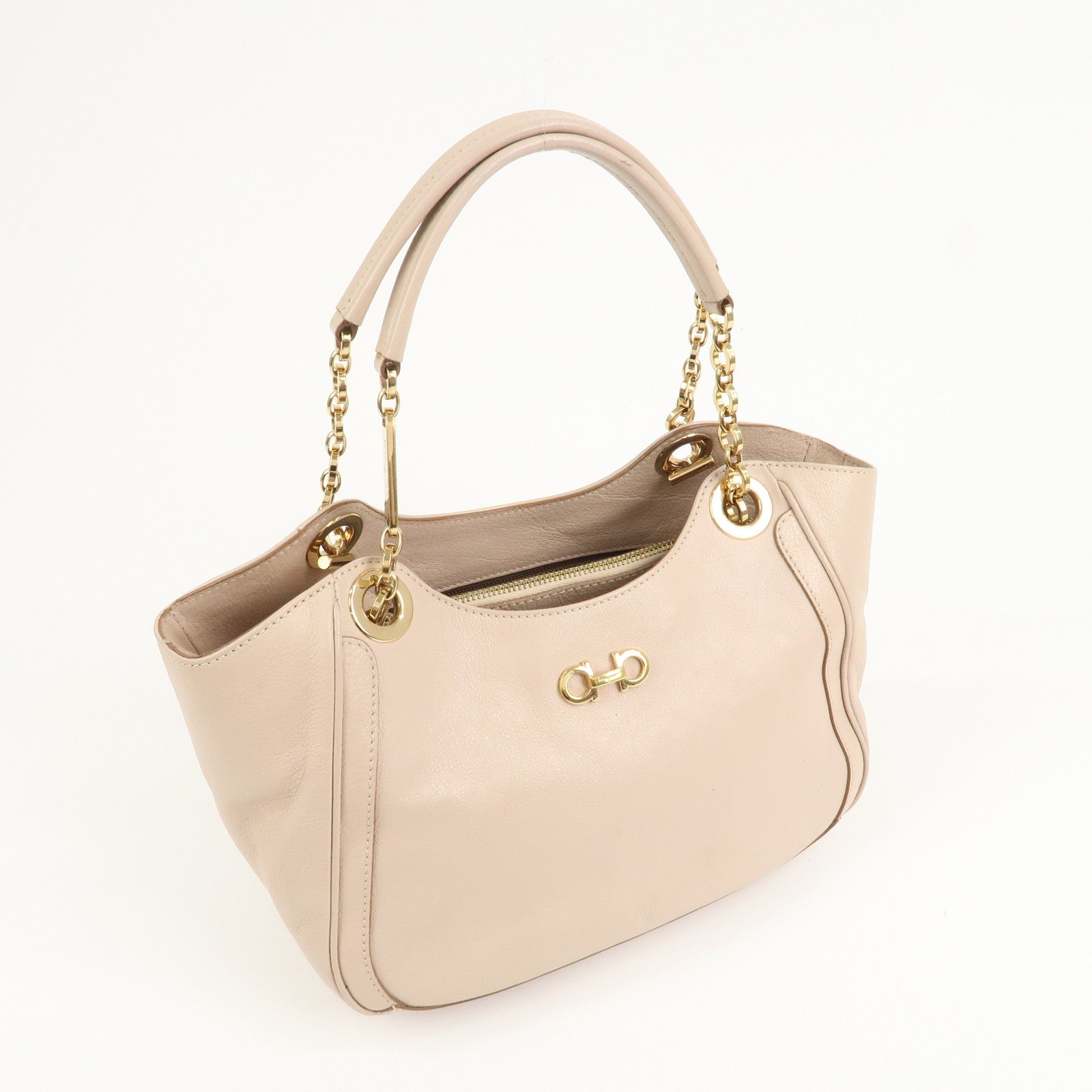 Ferragamo Leather Shoulder Bag Hand Bag Pink Beige Gold