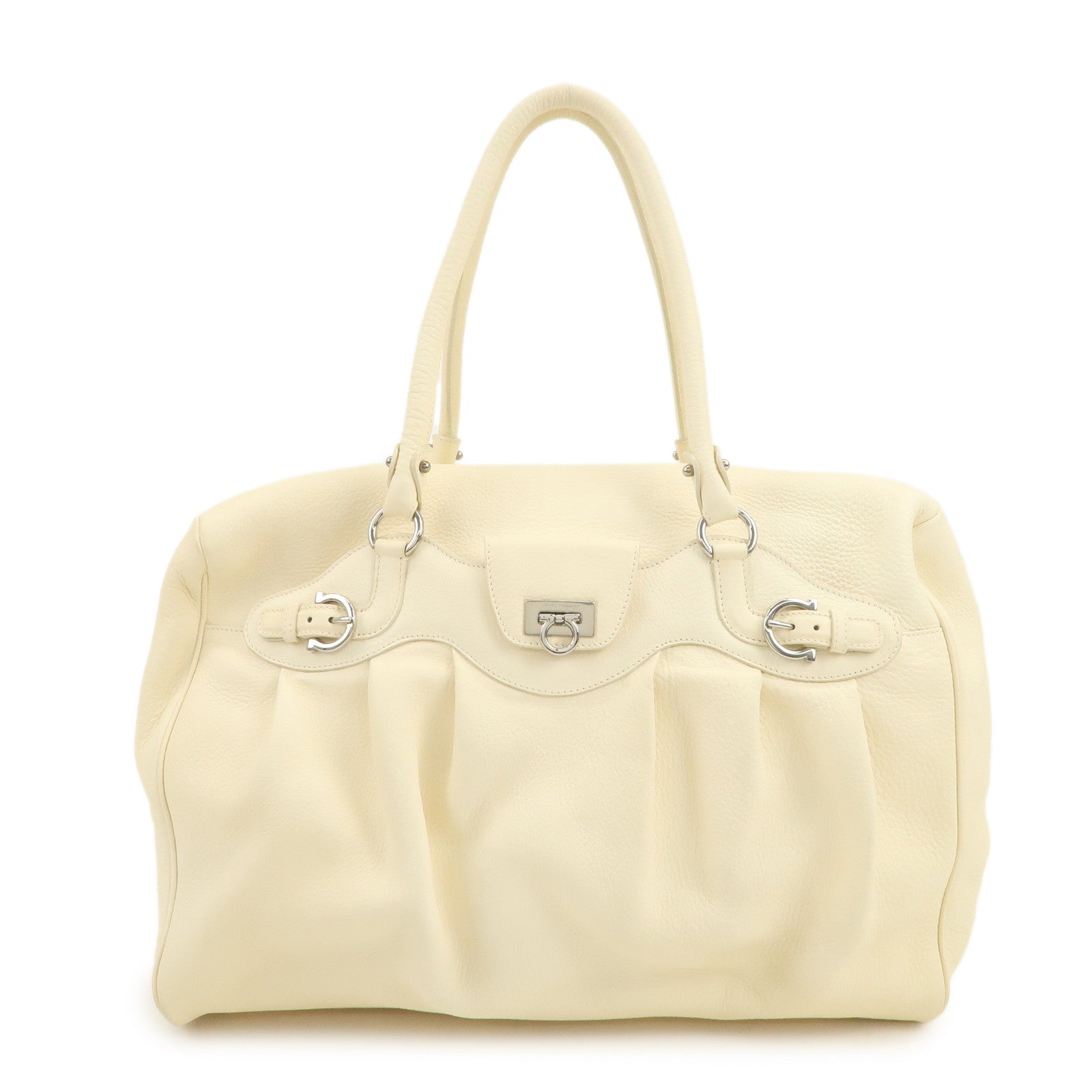 Ferragamo Gancini Logo Leather Shoulder Bag Hand Bag Beige