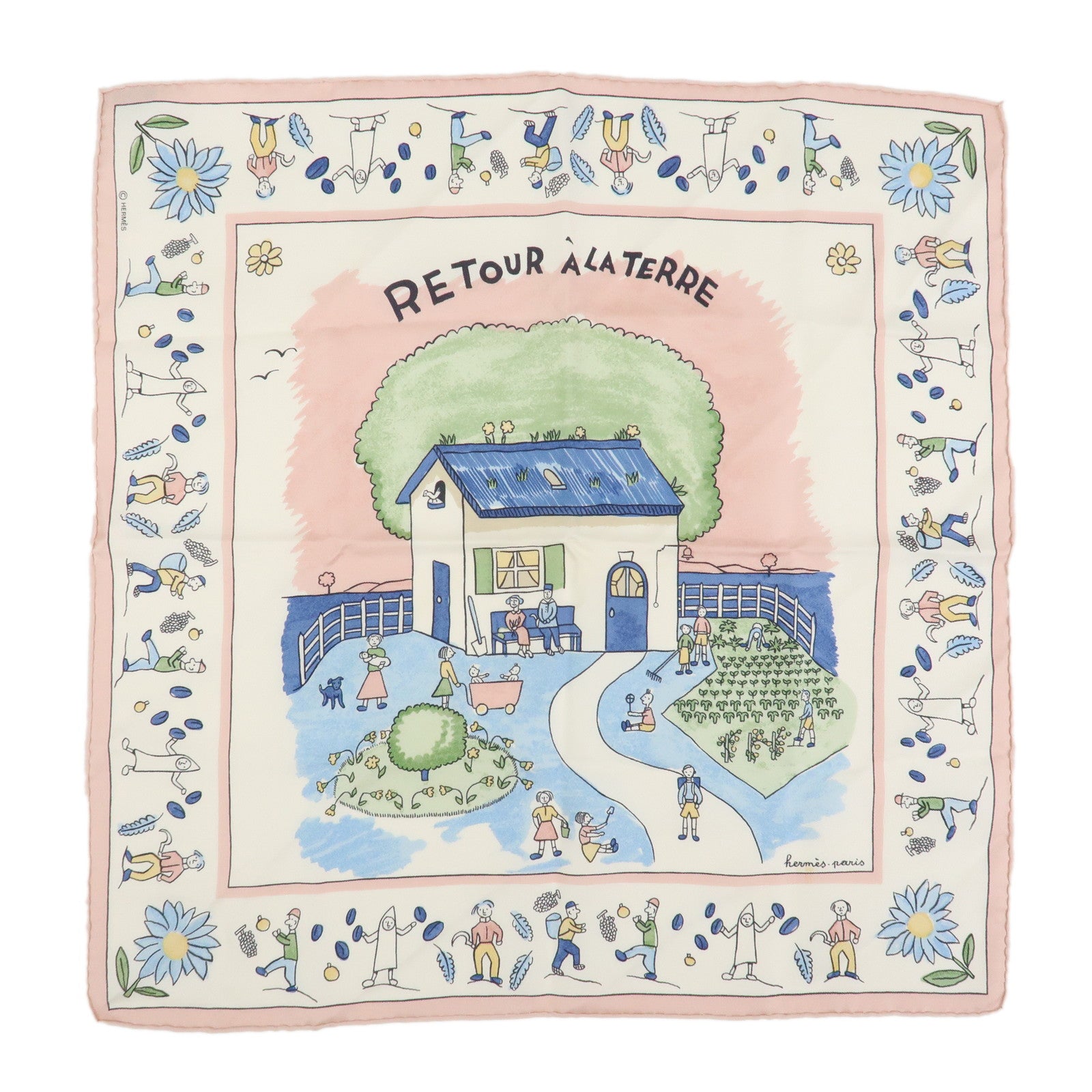 HERMES Carré45 RE TOUR A LA TERRE Scarf Silk 100% Ivory Pink