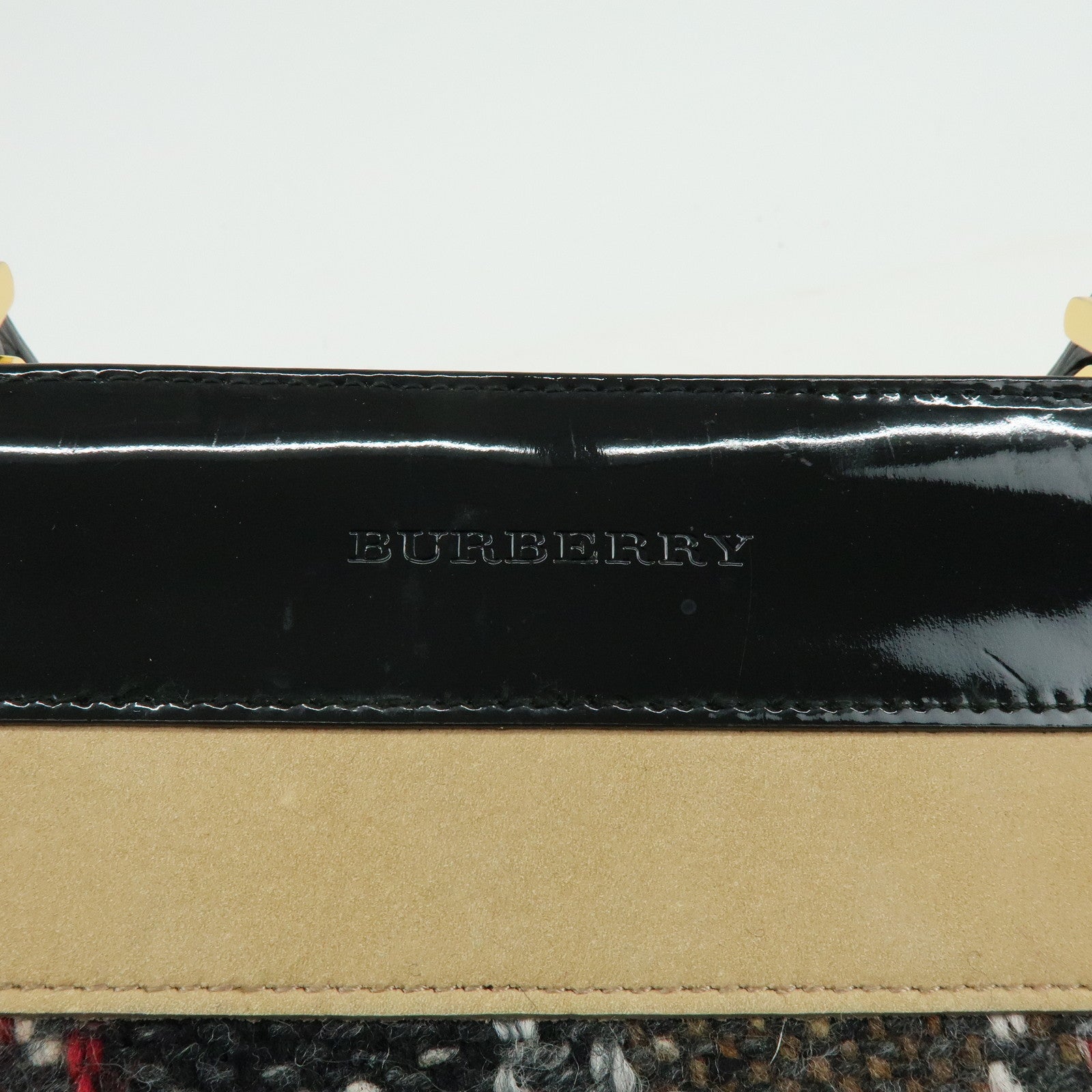 BURBERRY Tweed Patend leaether Suede Tote Bag Beige Black