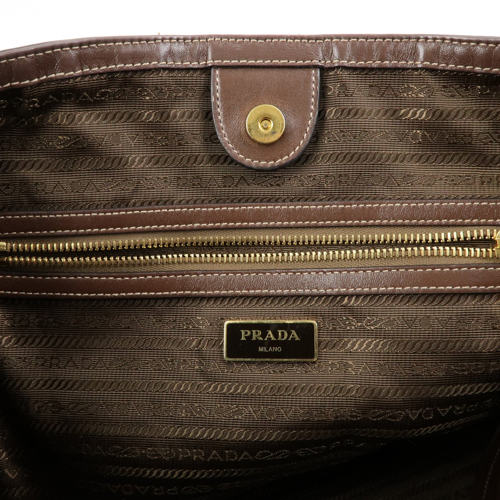 PRADA Triangle Logo Jacquard Leather Tote Bag Beige Brown 1BG158