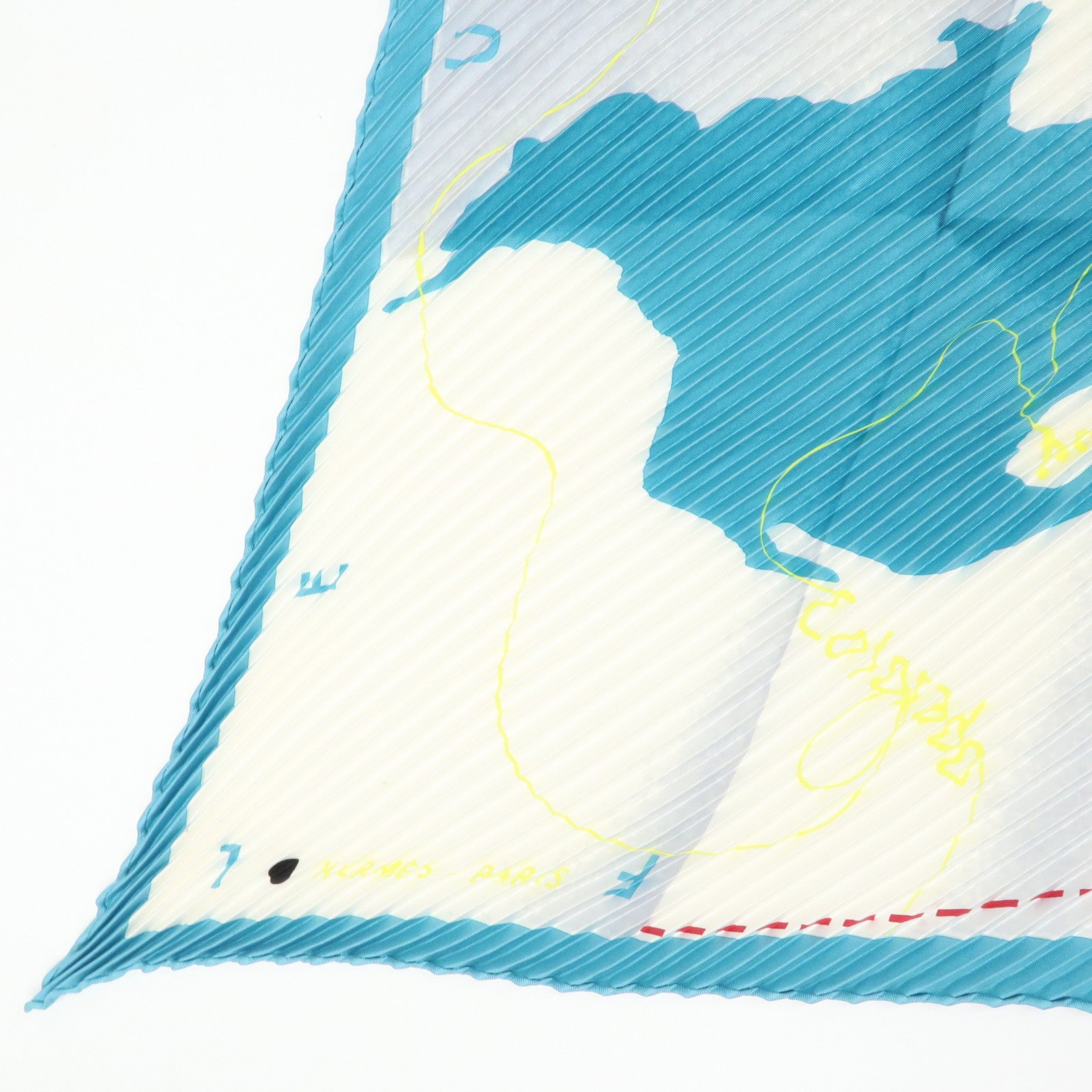HERMES Pleated Carre 90 Silk 100% Scarf World Map Blue Ivory