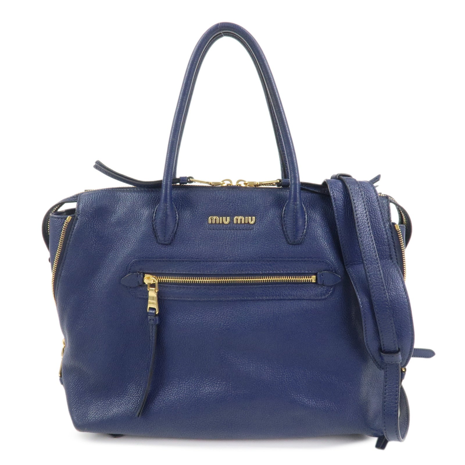 MIU MIU Madras Leather 2Way Hand Bag Shoulder Bag Blue 5BG136