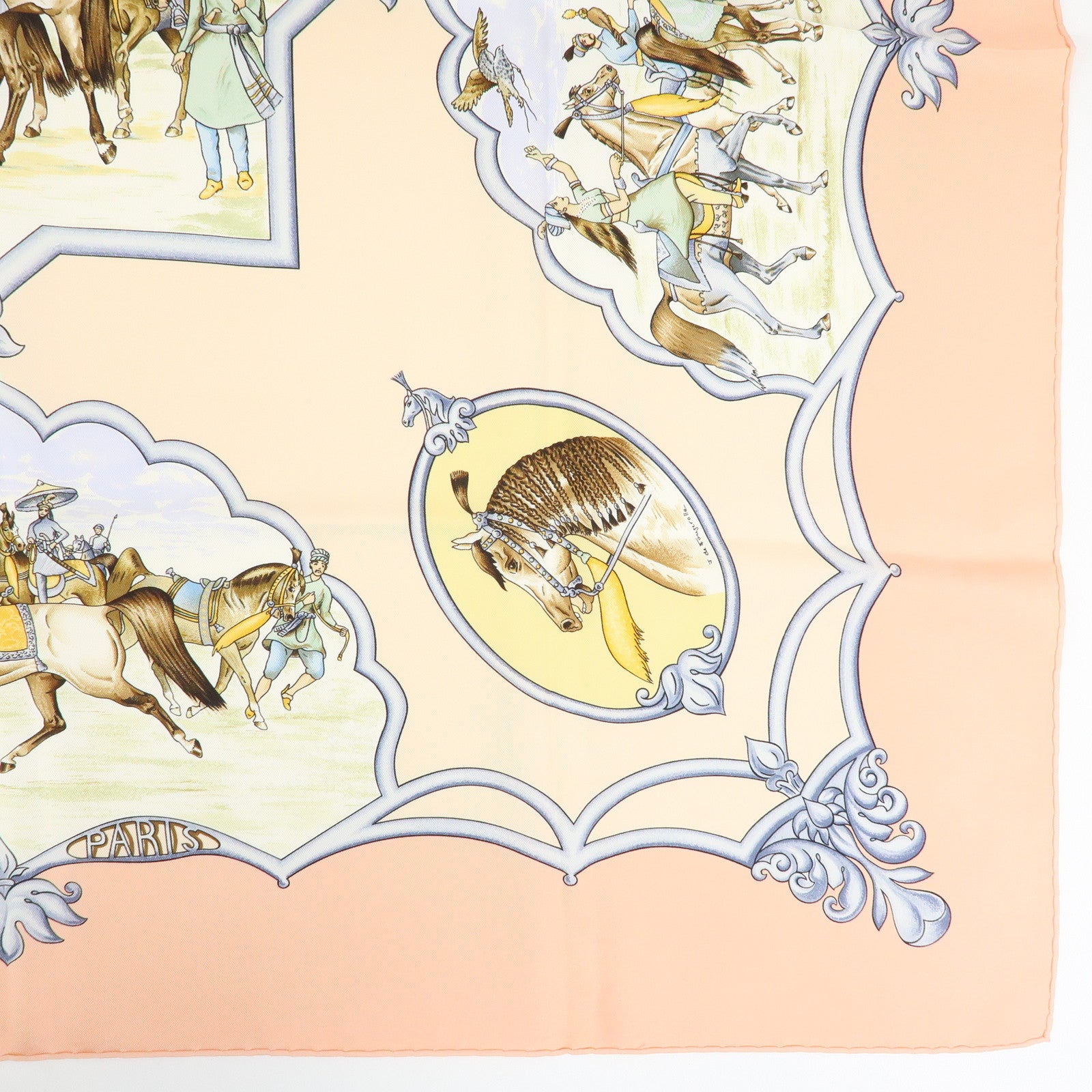 HERMES Carre 90 Silk 100% Scarf LES CHEVAUX DES MOGHOLS Pink Beige