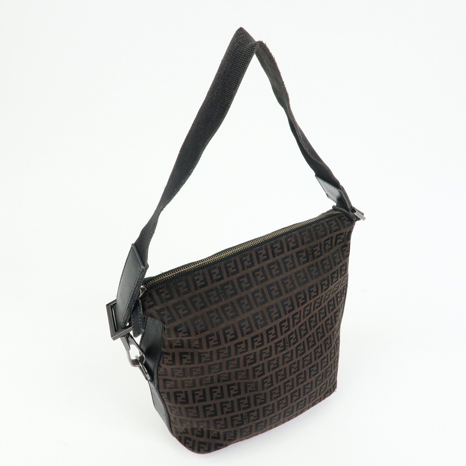 FENDI Zucchino Canvas Leather Shoulder Bag Brown Black 7VA004