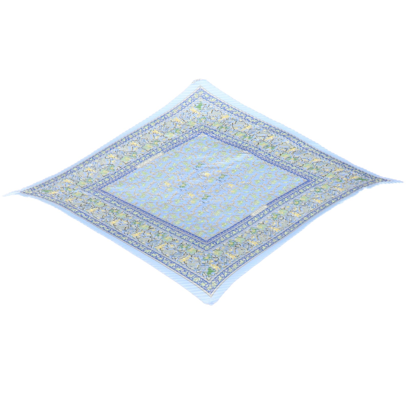 HERMES Pleats Carre Silk 100% Scarf CHASSE EN INDE Blue