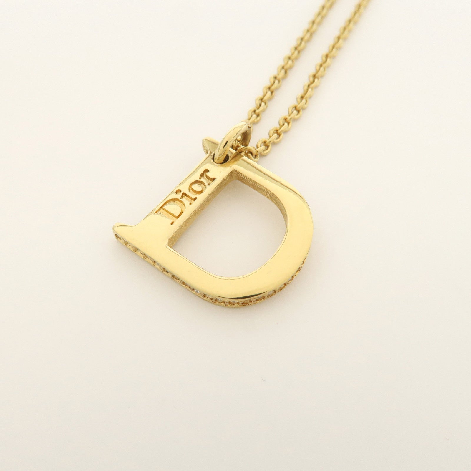 Christian Dior Logo Metal Rhinestone Necklace Gold
