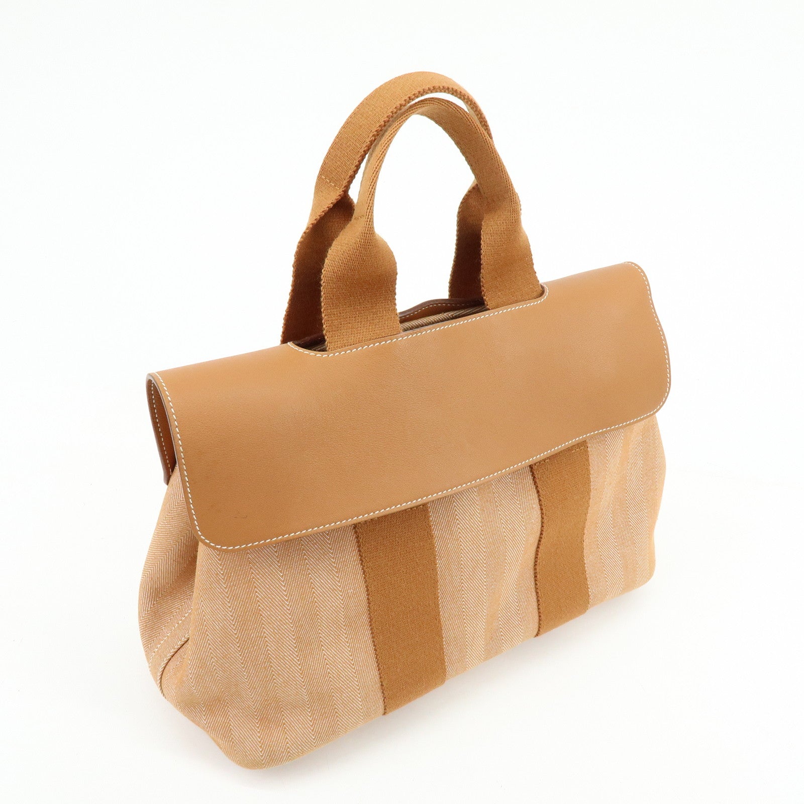 HERMES Valparaiso PM Toile Chevron Leather Tote Bag □L Stamped