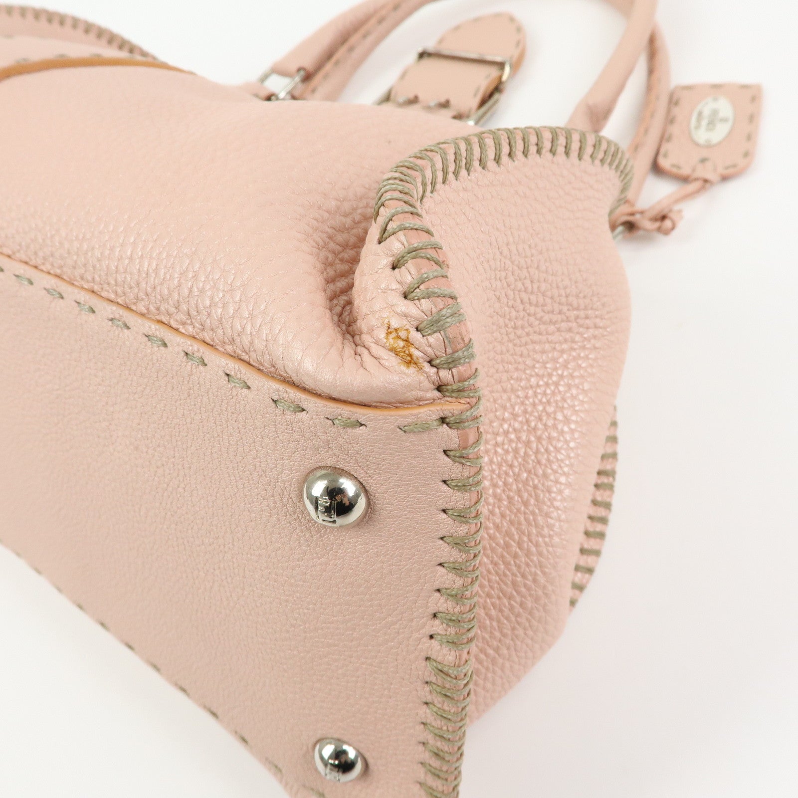FENDI Selleria Stitches Leather Tote Bag Hand Bag Pink 8BR457
