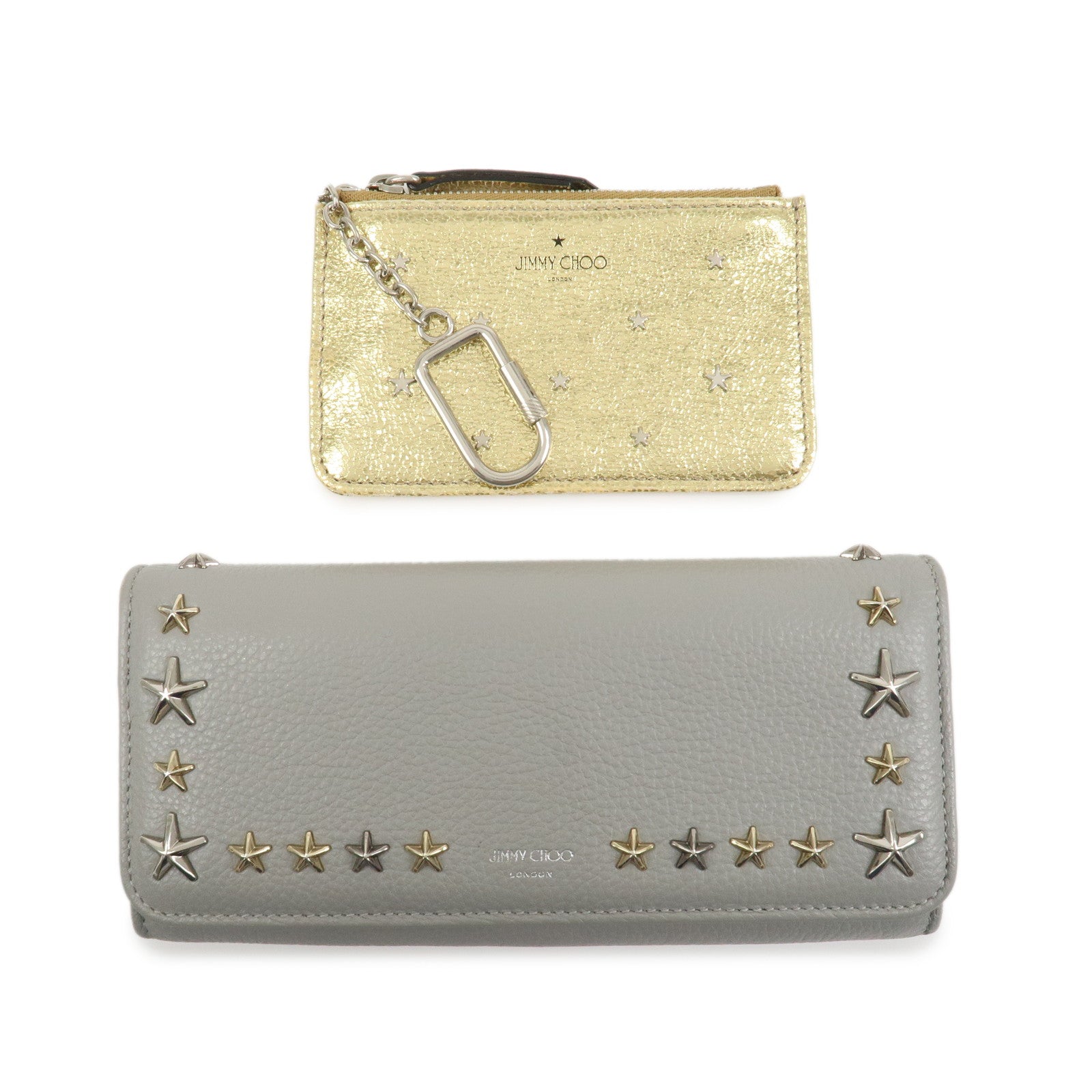 JIMMY CHOO Set of 2 Leather Long Wallet Coin Case Gray Gold