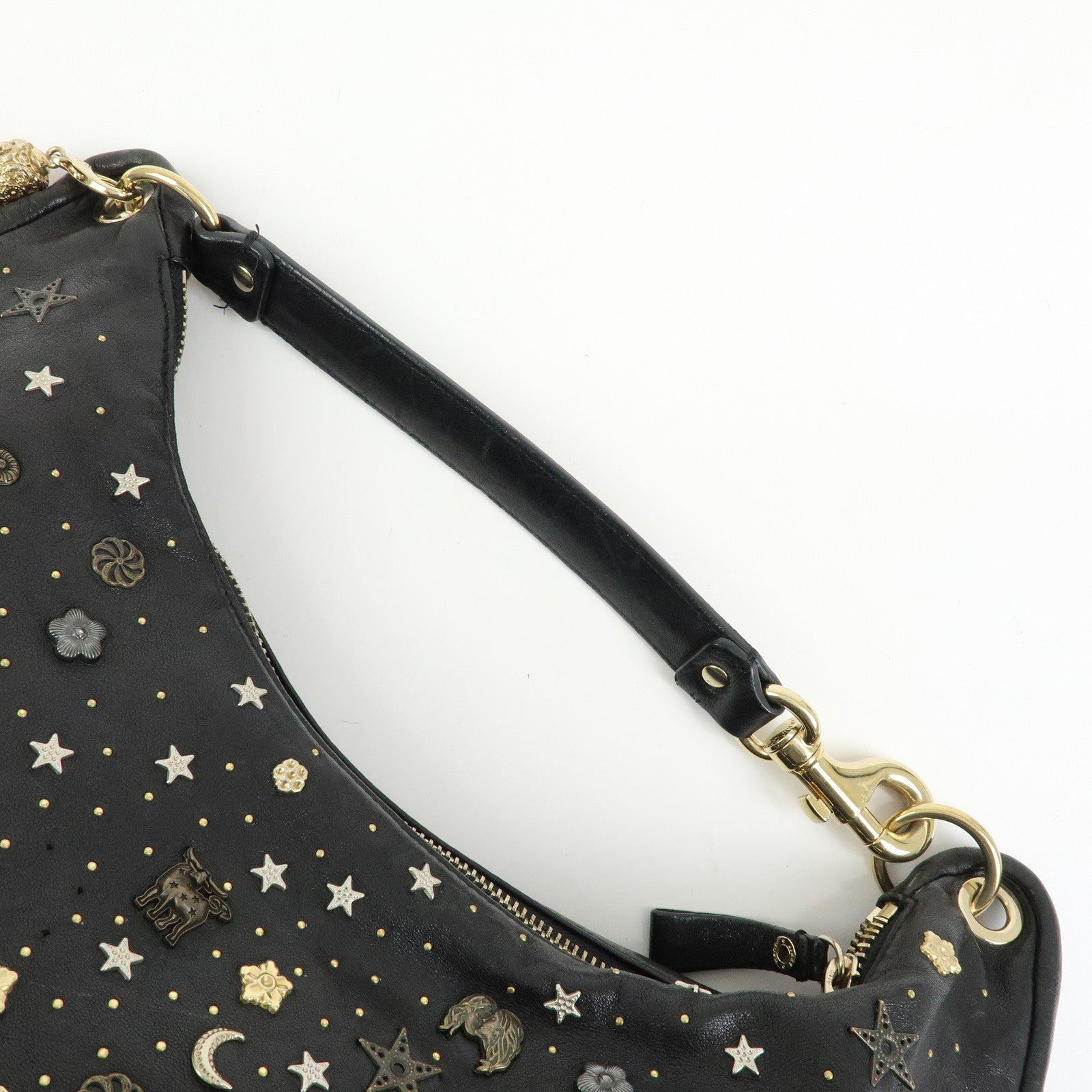 JIMMY CHOO Zodiac Leather Studs Shoulder Bag Hand Bag Black