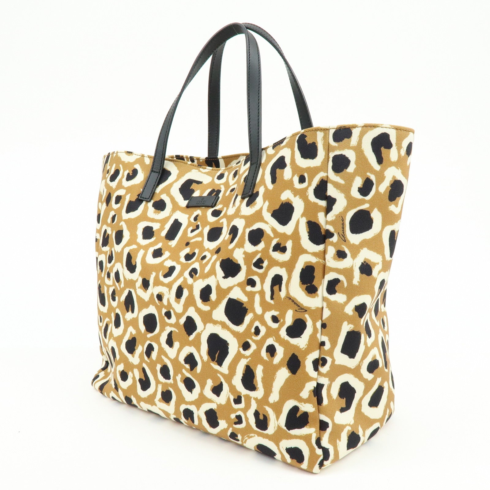 GUCCI Leopard Canvas Leather Tote Bag Hand Bag Beige Black 282439