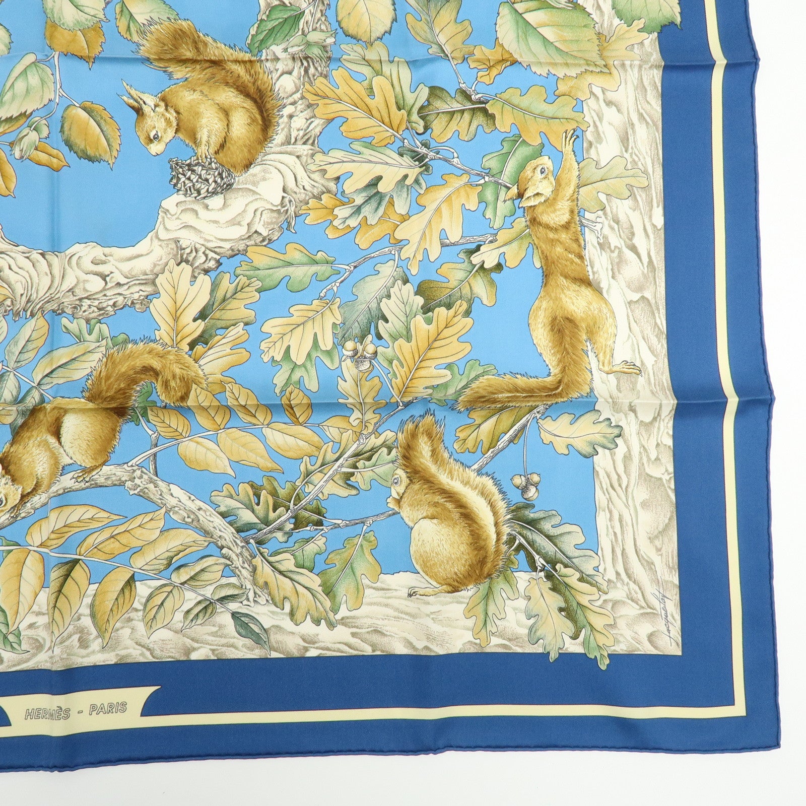 HERMES Carre 90 Silk 100% scarf Casse Noisette Squirrel Print