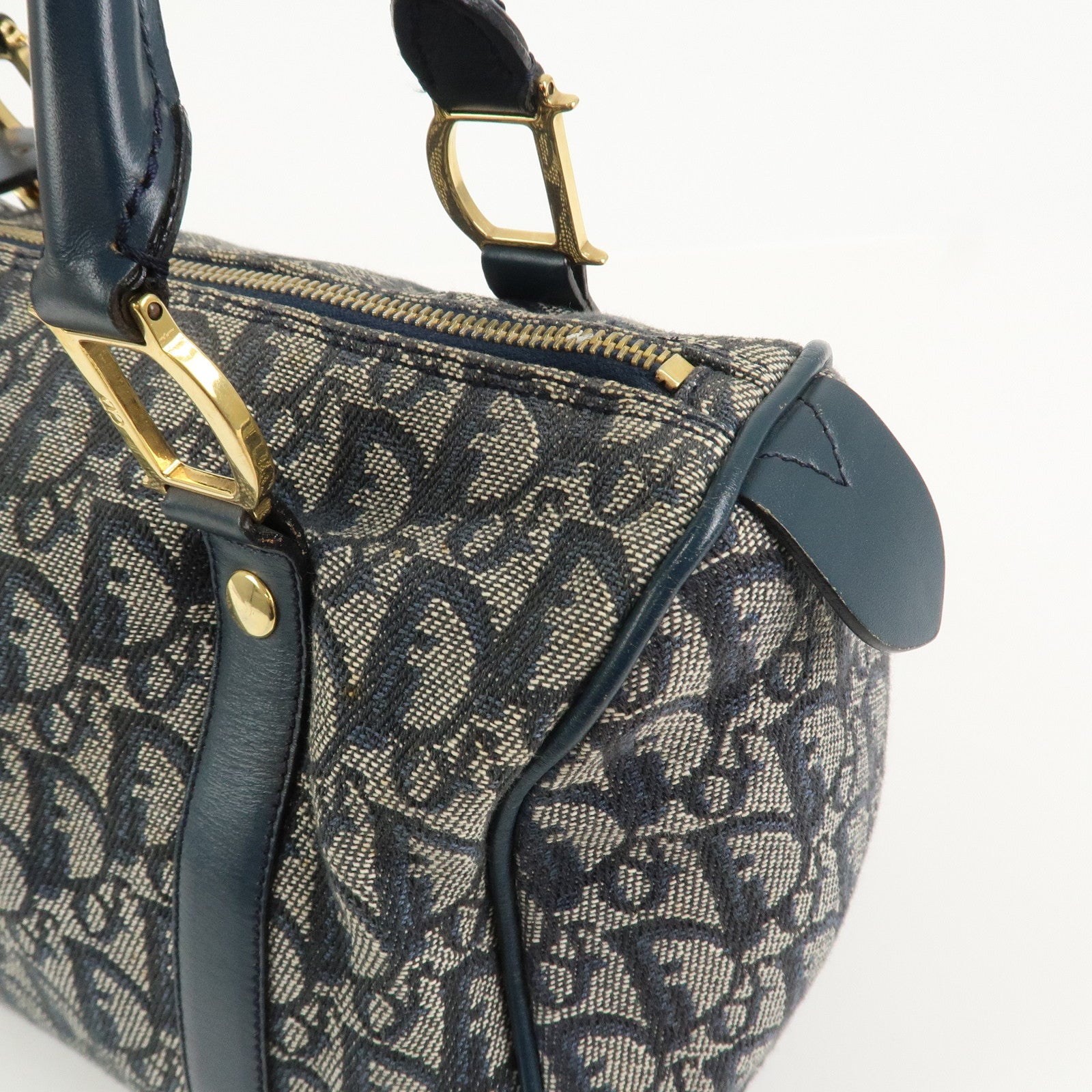 Christian Dior Oblique Canvas Leather Boston Bag Hand Bag Navy