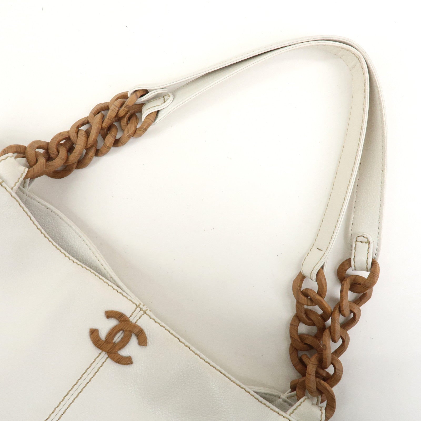 CHANEL COCO Mark Leather Wood Chain Shoulder Bag Off White 18MB096