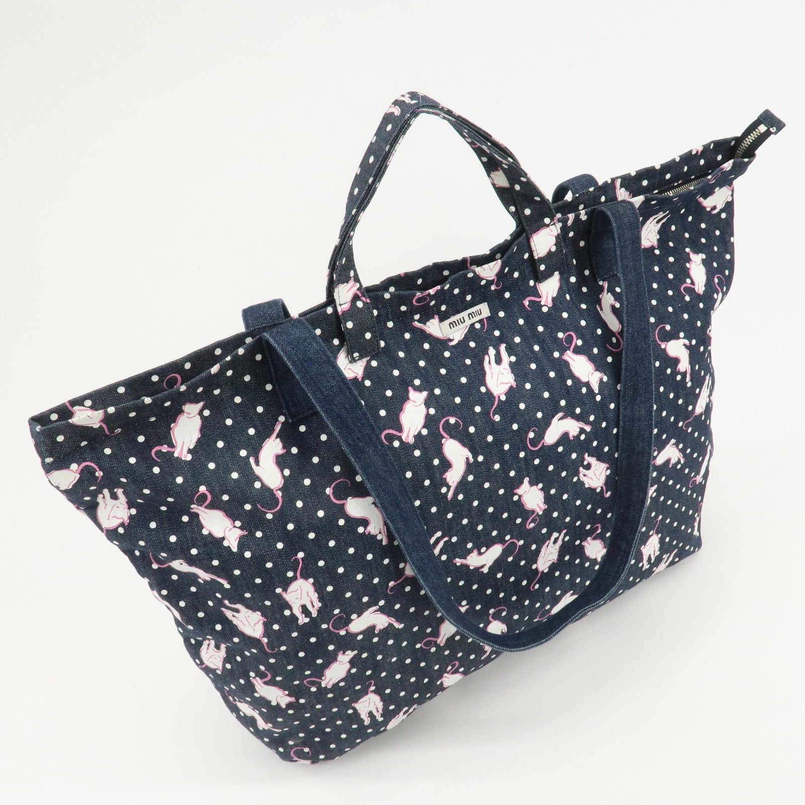 MIU MIU Cats & Dots Print Denim 2Way Tote Bag Blue