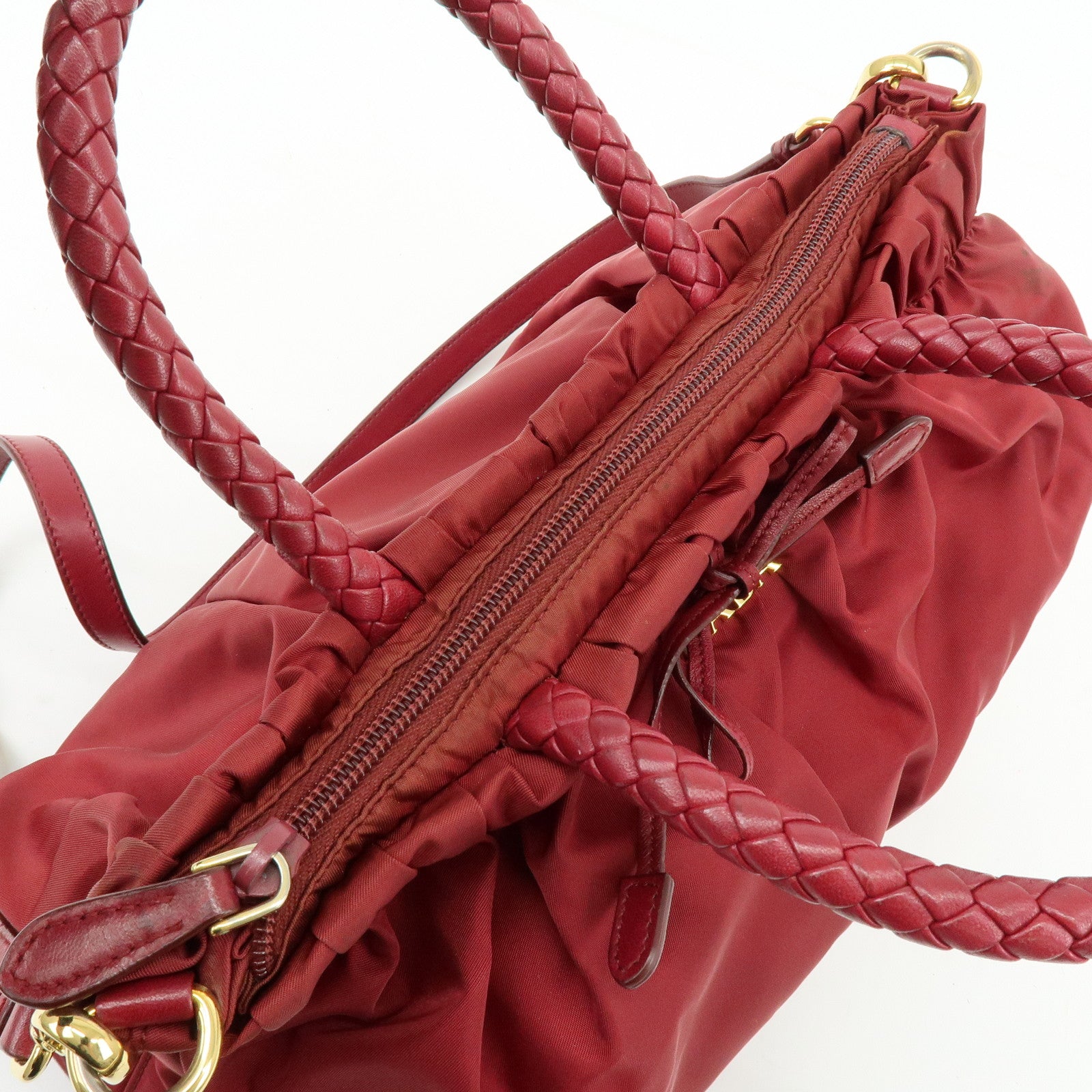 PRADA Nylon Leather Ribbon 2Way Bag Hand Bag Shoulder Bag Red