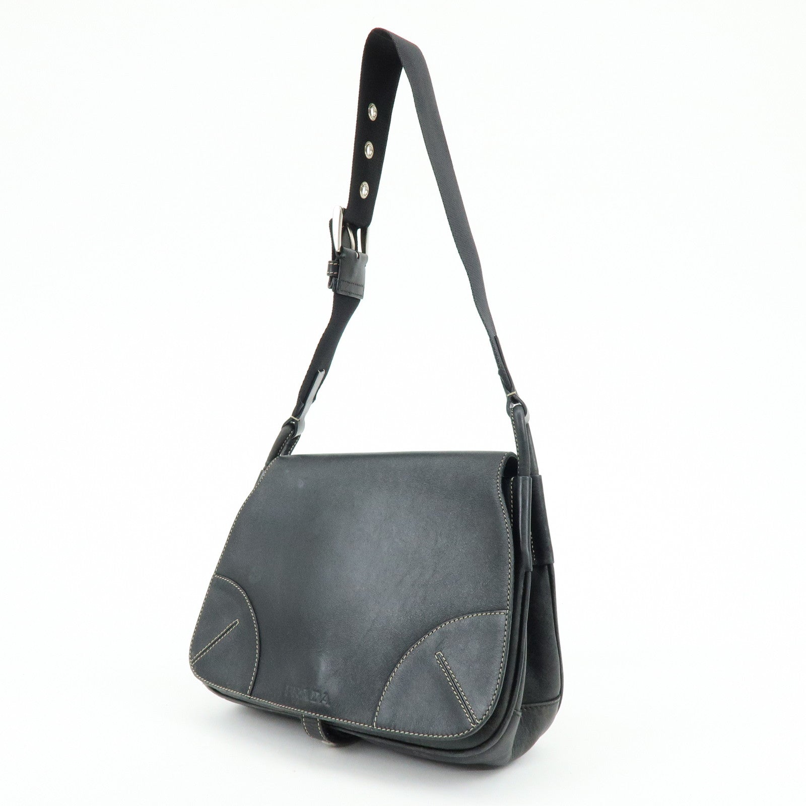 PRADA Leather Shoulder Bag Hand Bag Black
