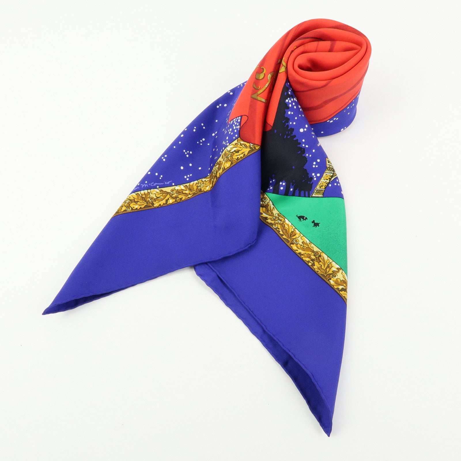 HERMES Carre 90 Silk 100% Scarf Souvenirs de Paris Blue Red Beige